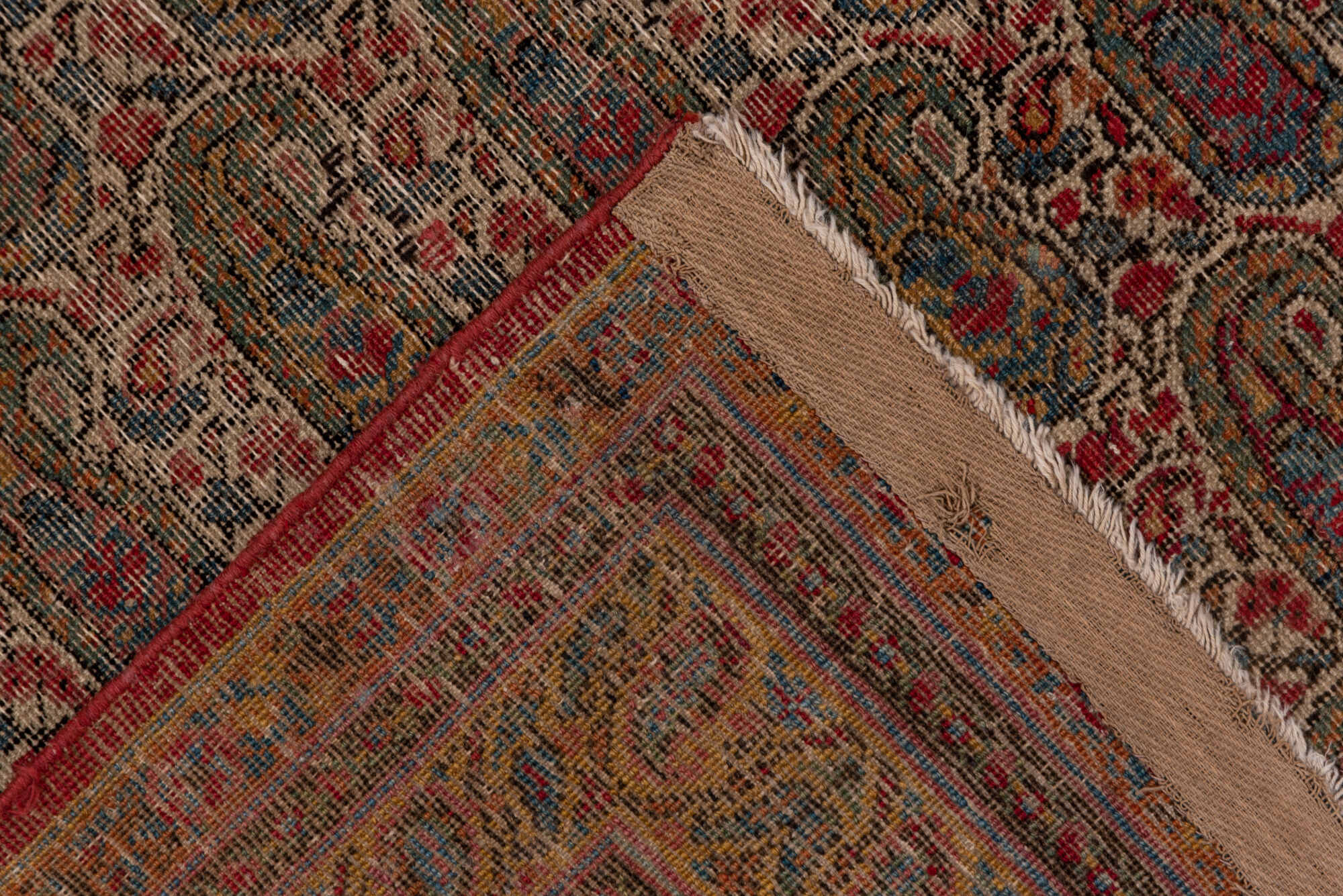 3' x 5' one-of-a-kind handmade vintage Lavar small size rug. Color palette: brown, gray, pink, red