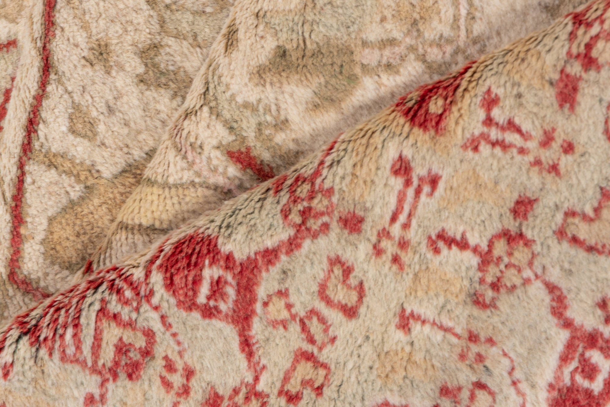 8' x 11' one-of-a-kind handmade vintage Oushak large size rug. Color palette: brown, gray, off-white, orange, pink, red, tan