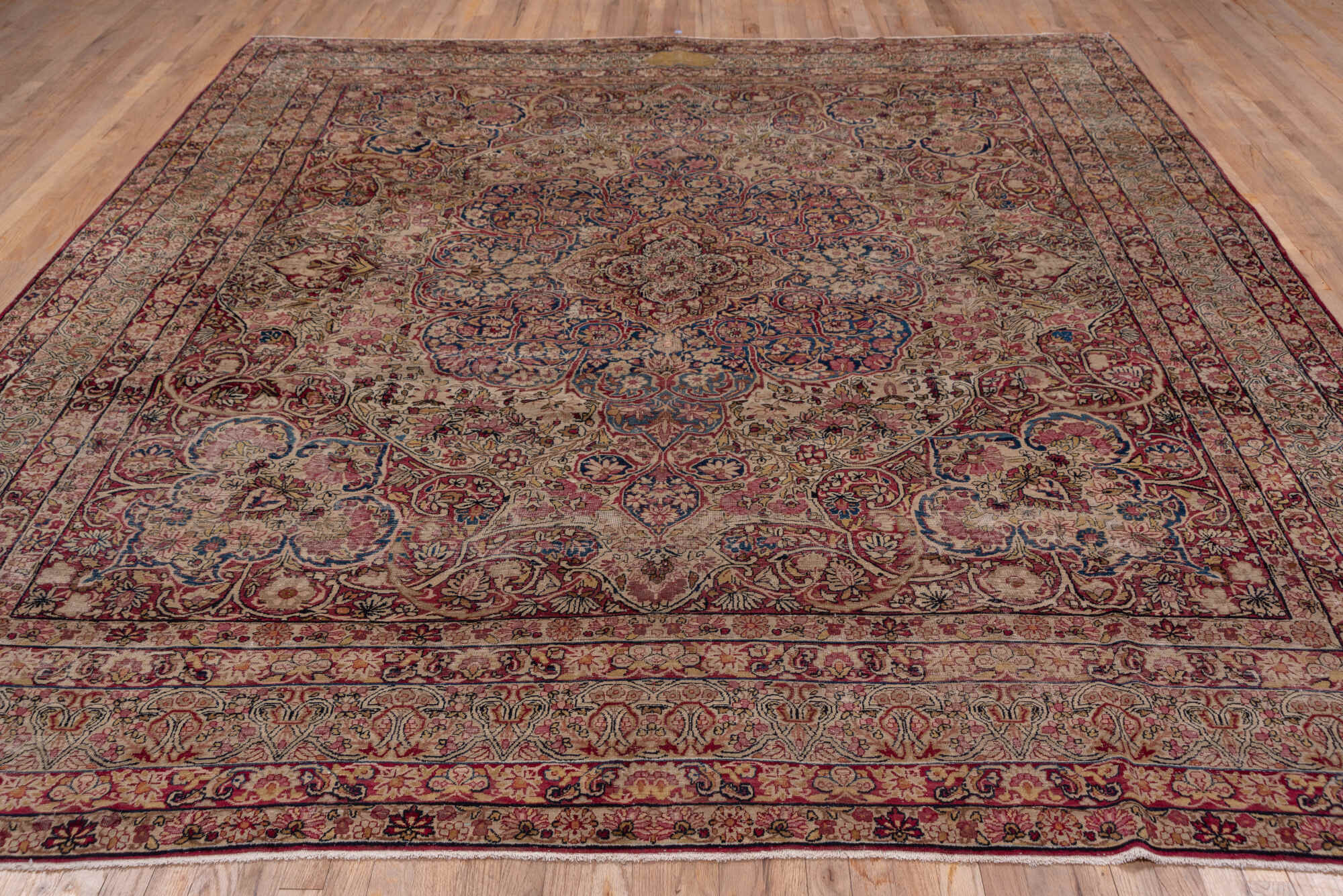 9' x 11' one-of-a-kind handmade vintage Lavar large size rug. Color palette: black, blue, brown, dim gray, gray, pink, red