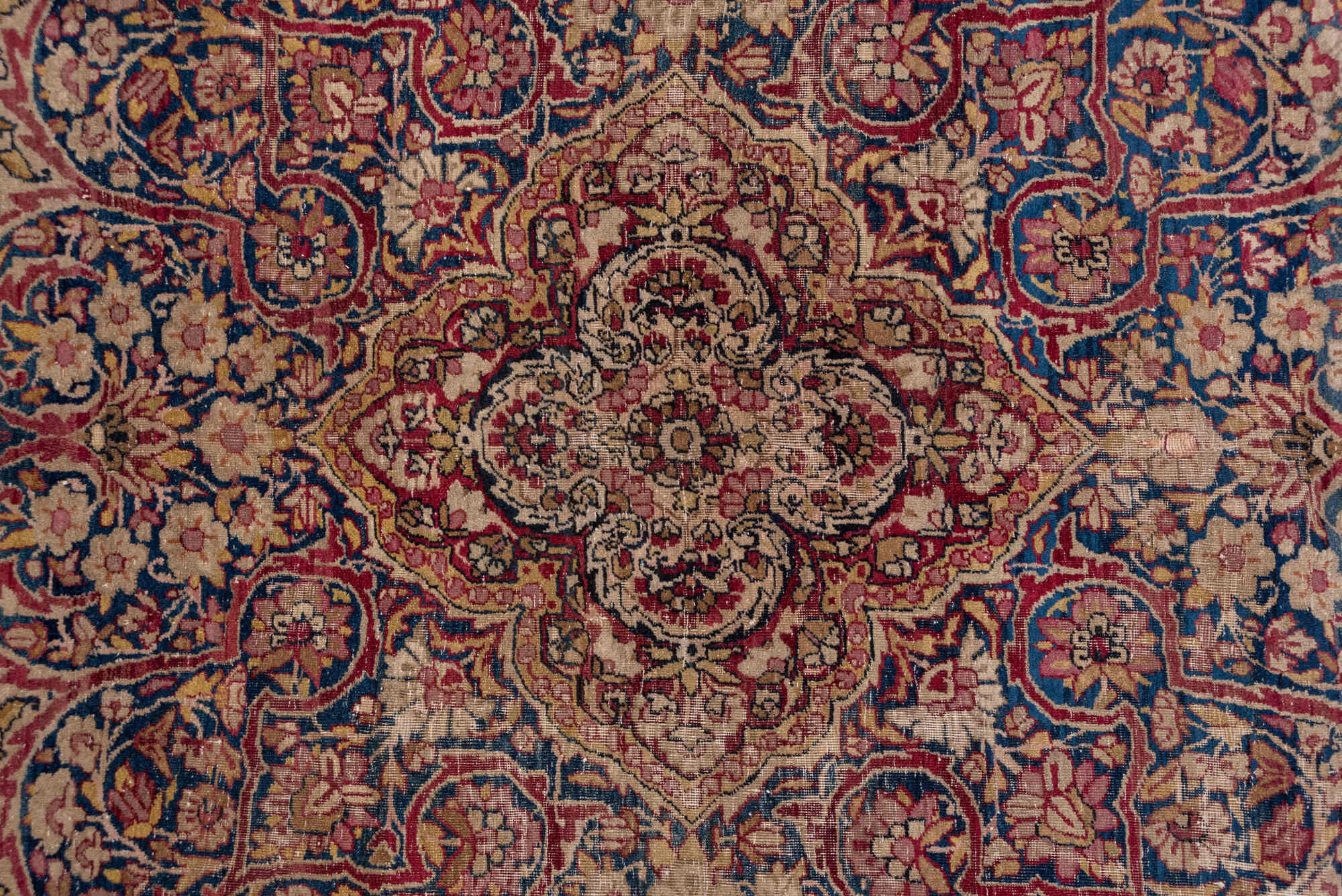 9' x 11' one-of-a-kind handmade vintage Lavar large size rug. Color palette: black, blue, brown, dim gray, gray, pink, red