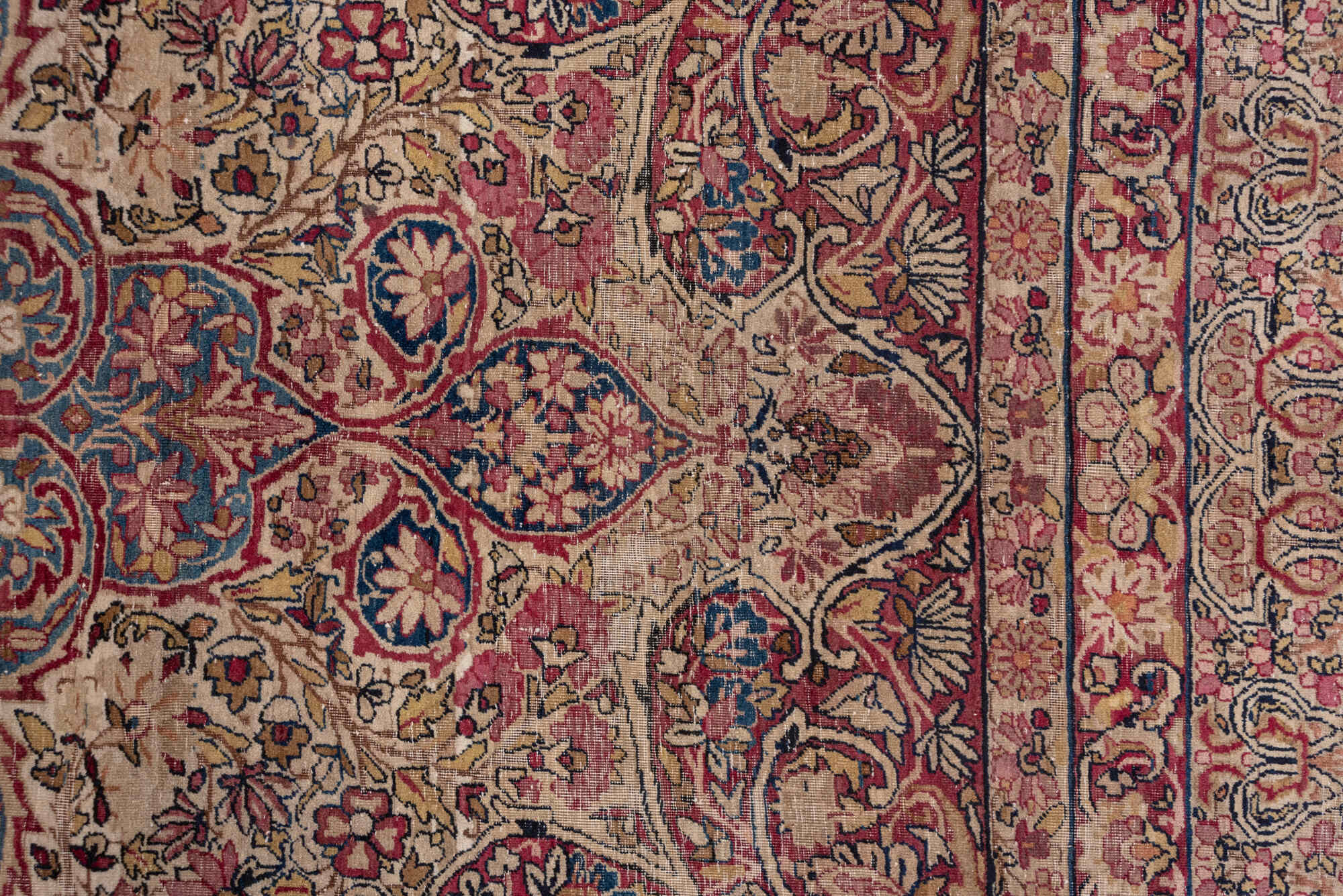 9' x 11' one-of-a-kind handmade vintage Lavar large size rug. Color palette: black, blue, brown, dim gray, gray, pink, red