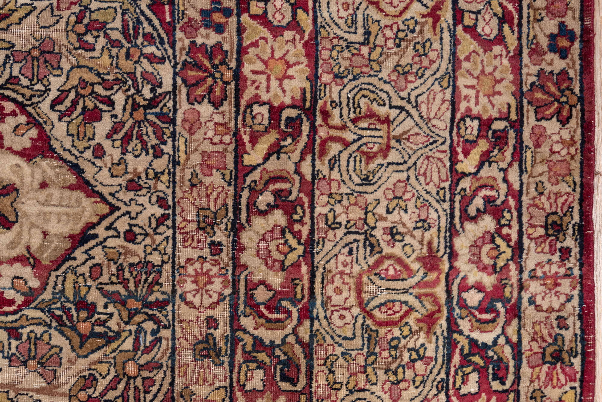 9' x 11' one-of-a-kind handmade vintage Lavar large size rug. Color palette: black, blue, brown, dim gray, gray, pink, red