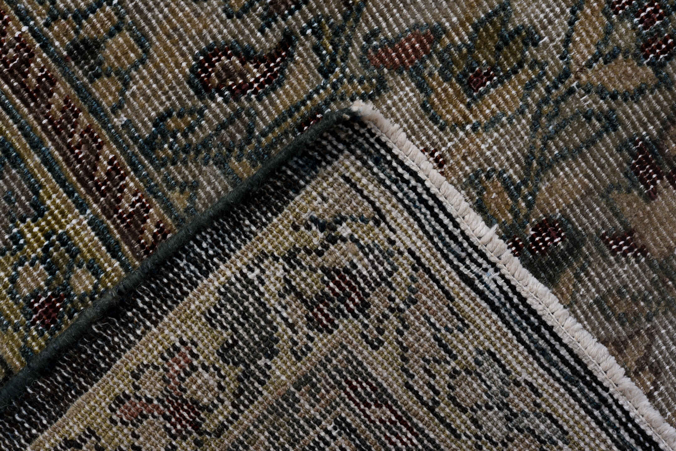 7' x 11' one-of-a-kind handmade vintage Farahan large size rug. Color palette: black, blue, brown, charcoal, dark gray