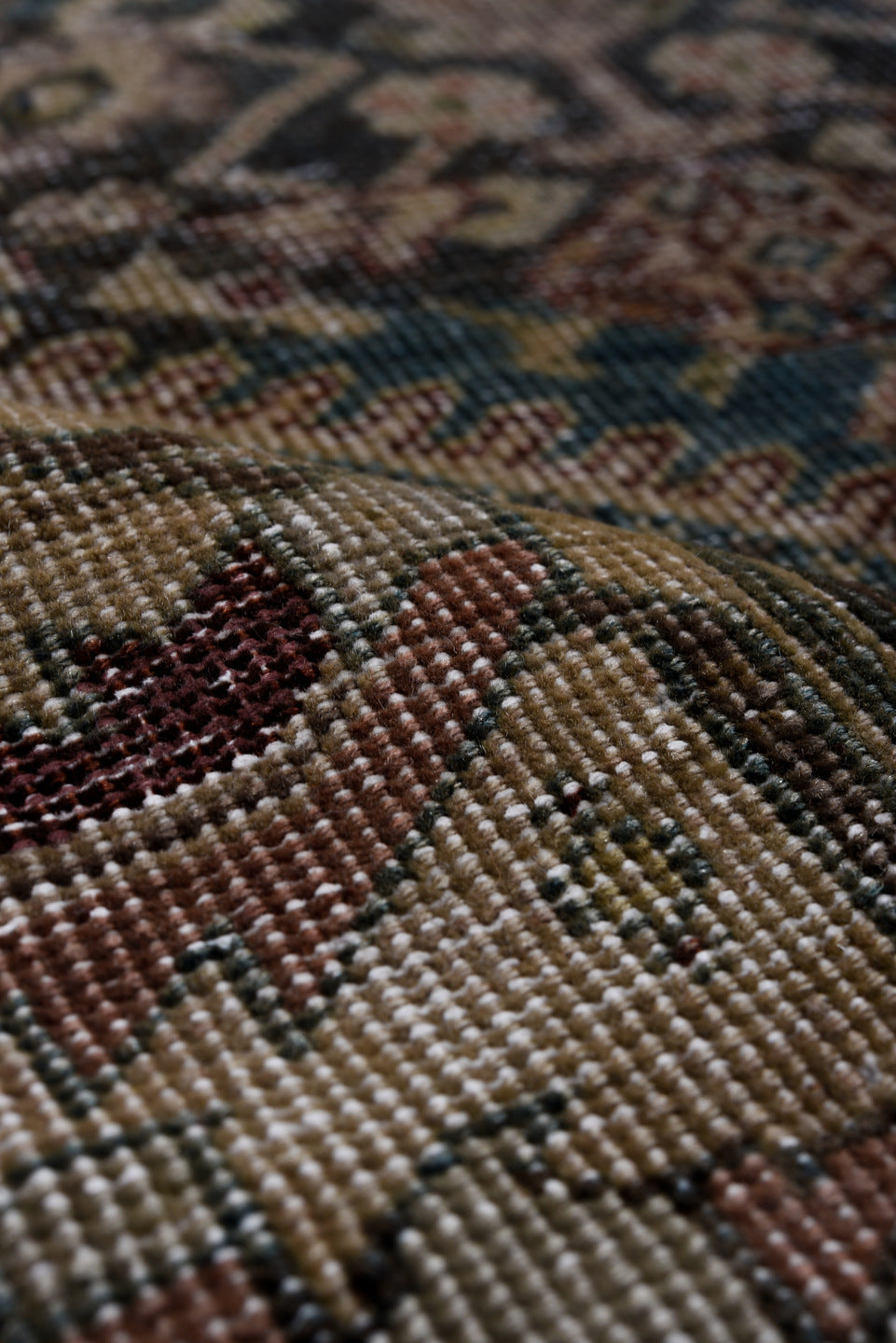 7' x 11' one-of-a-kind handmade vintage Farahan large size rug. Color palette: black, blue, brown, charcoal, dark gray