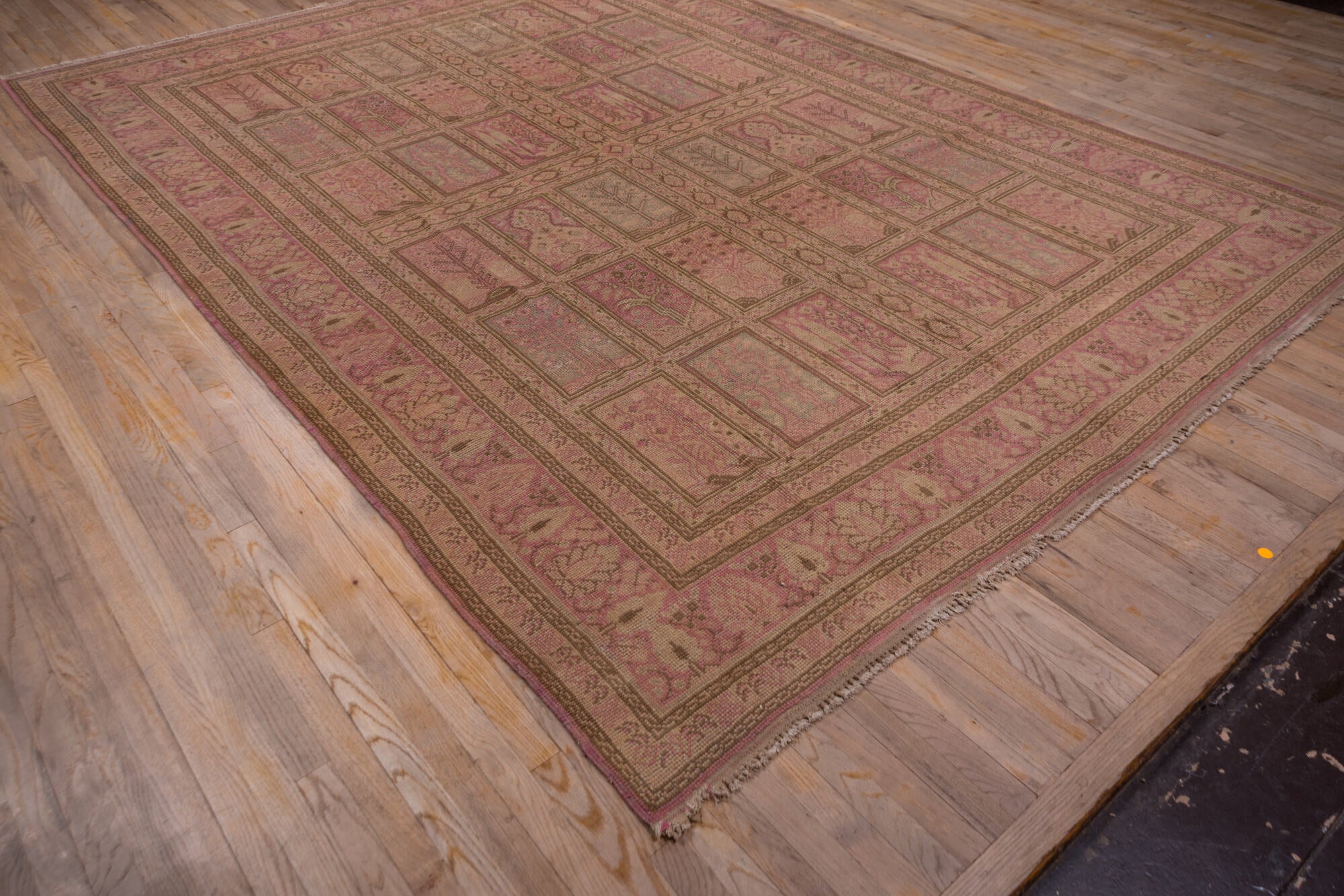 8' x 12' one-of-a-kind handmade vintage Oushak large size rug. Color palette: brown, pink, red, redwood