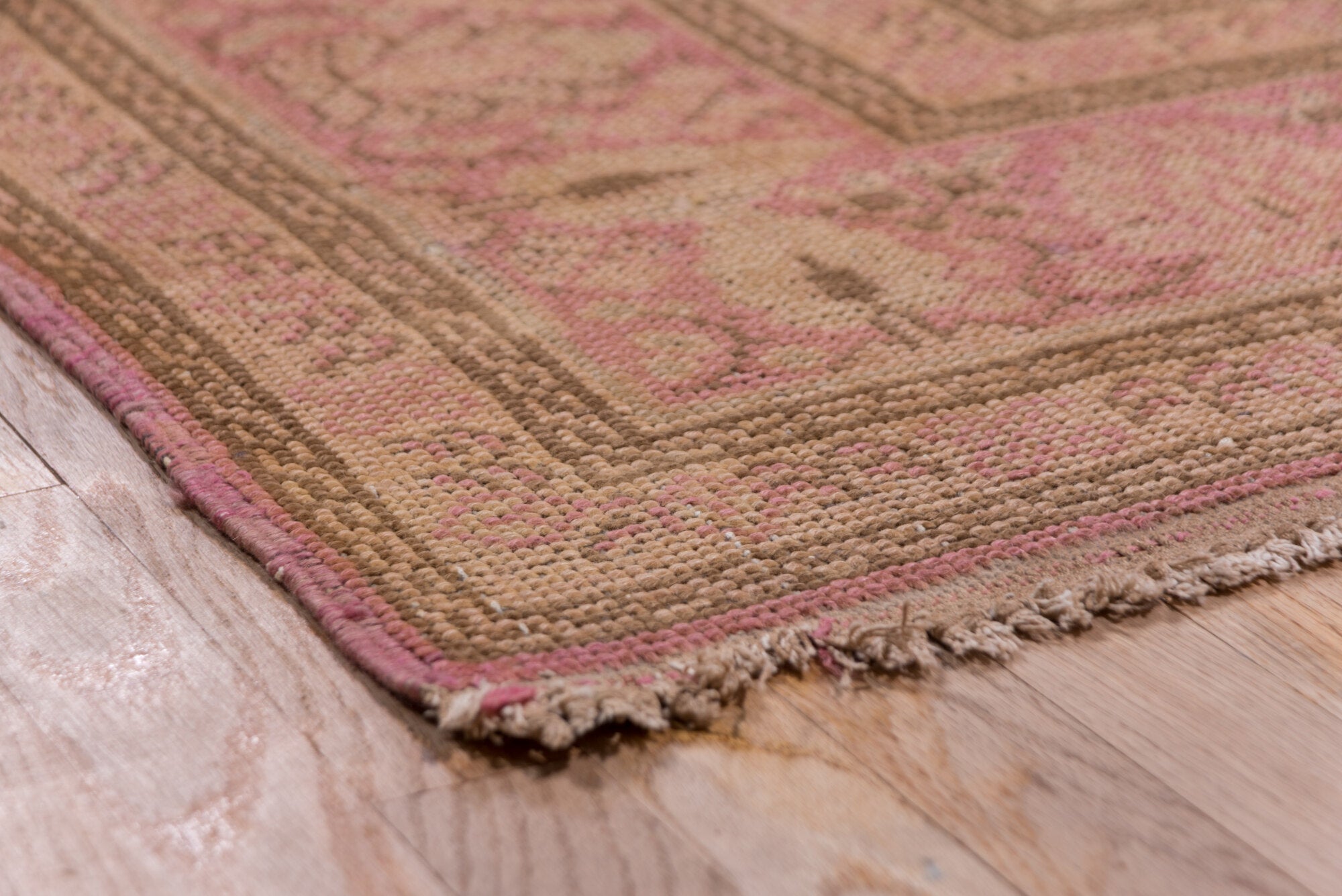 8' x 12' one-of-a-kind handmade vintage Oushak large size rug. Color palette: brown, pink, red, redwood
