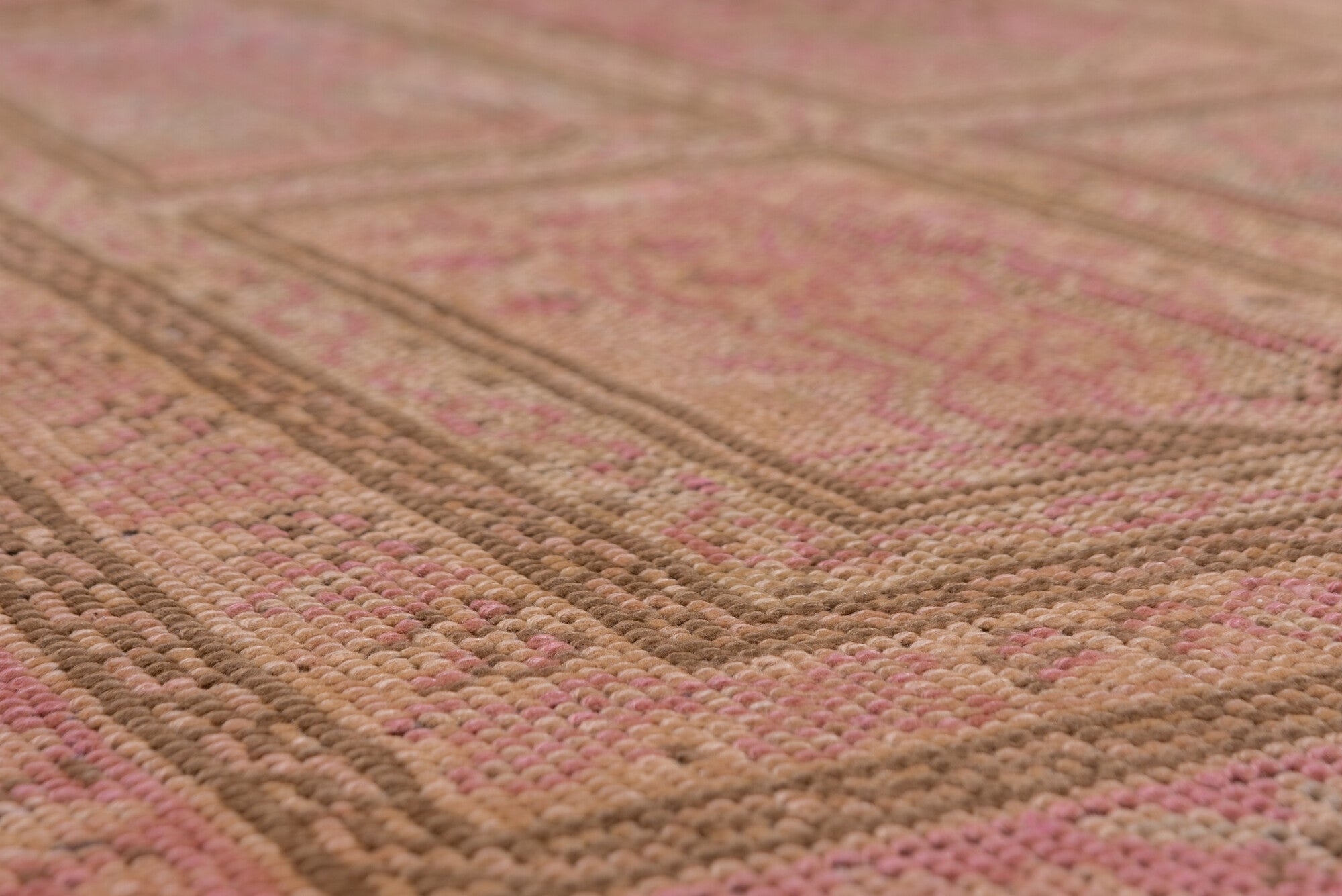 8' x 12' one-of-a-kind handmade vintage Oushak large size rug. Color palette: brown, pink, red, redwood