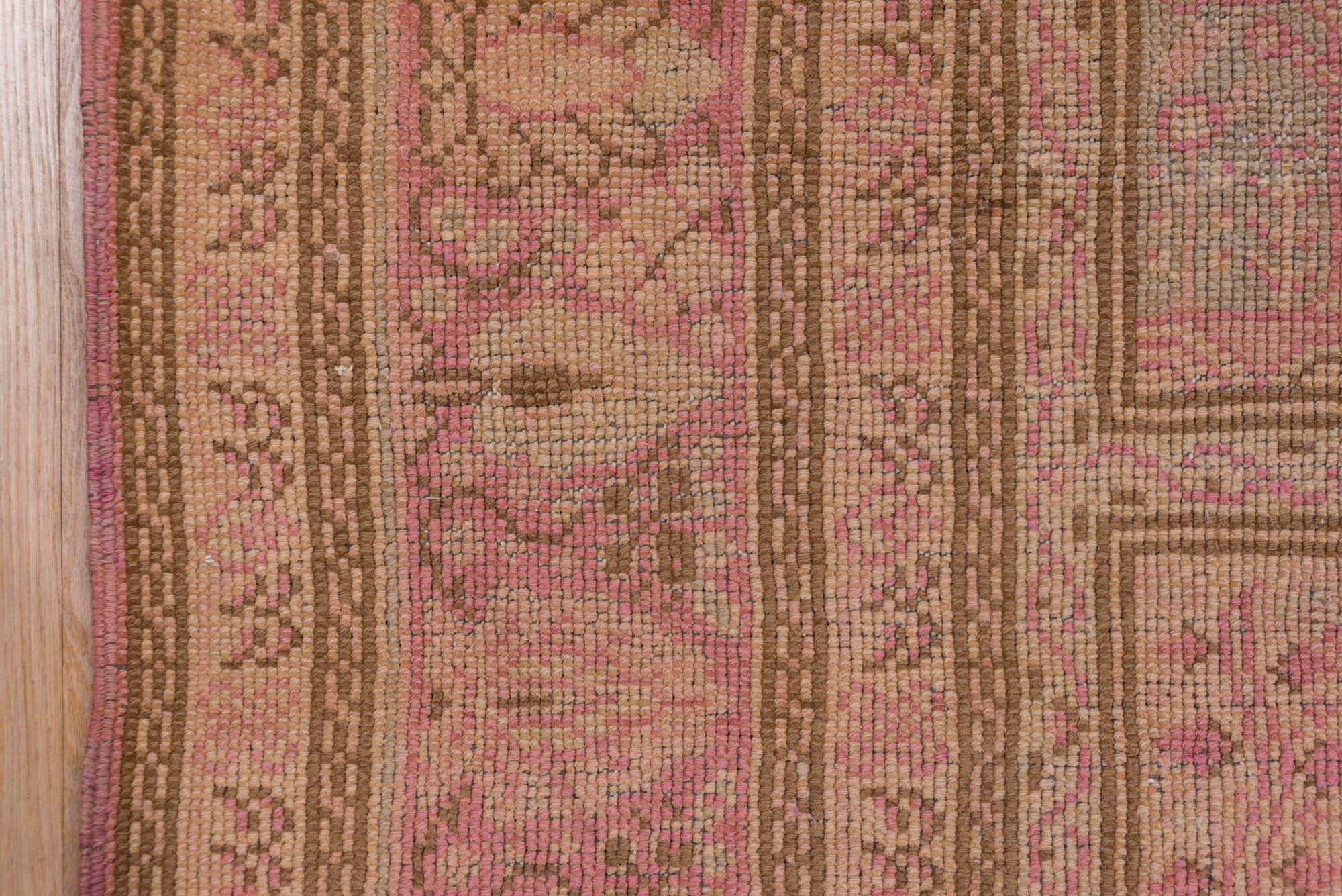 8' x 12' one-of-a-kind handmade vintage Oushak large size rug. Color palette: brown, pink, red, redwood