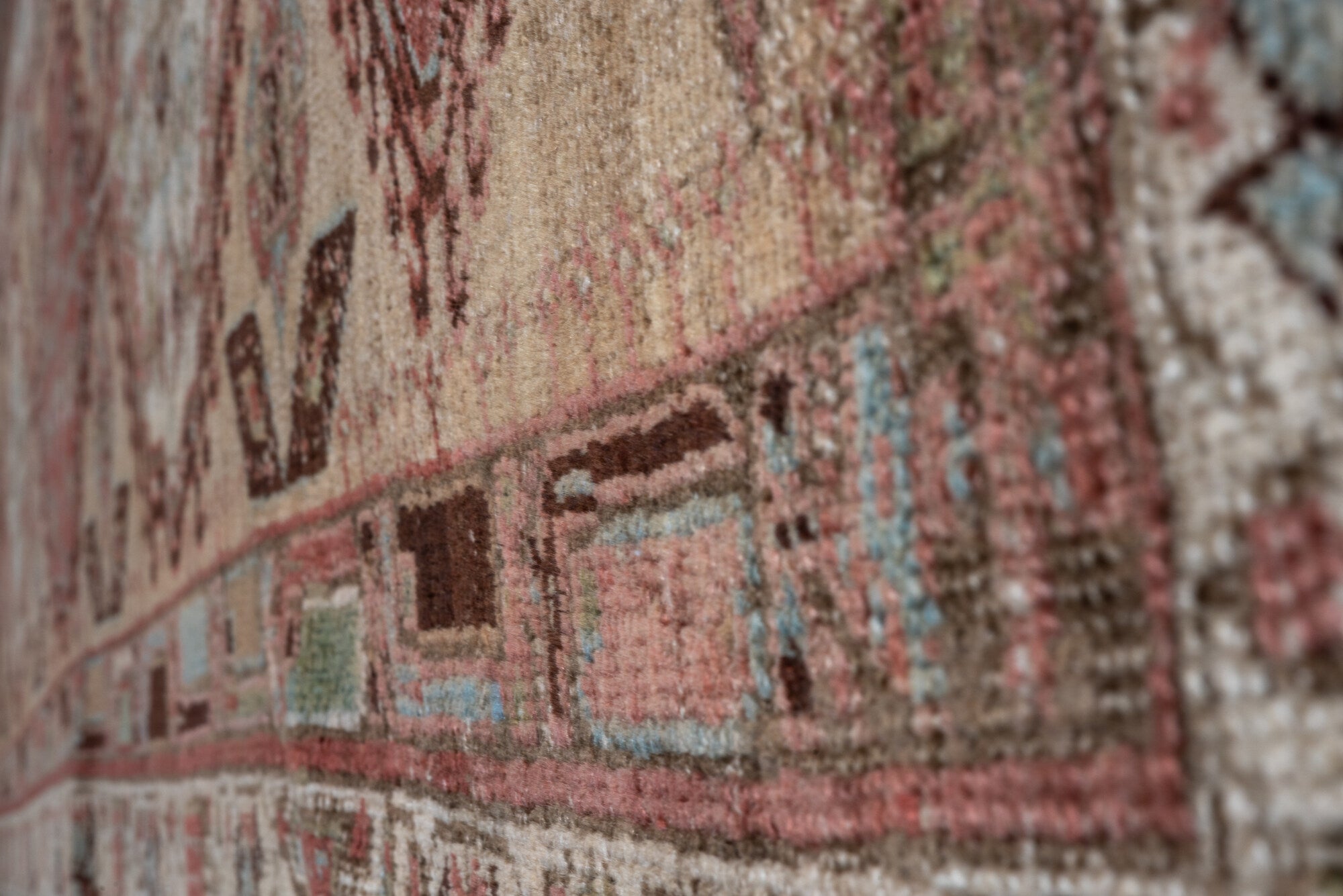 2' x 17' one-of-a-kind handmade vintage Sarab runner rug. Color palette: pink, gray, brown, red, off-white, redwood