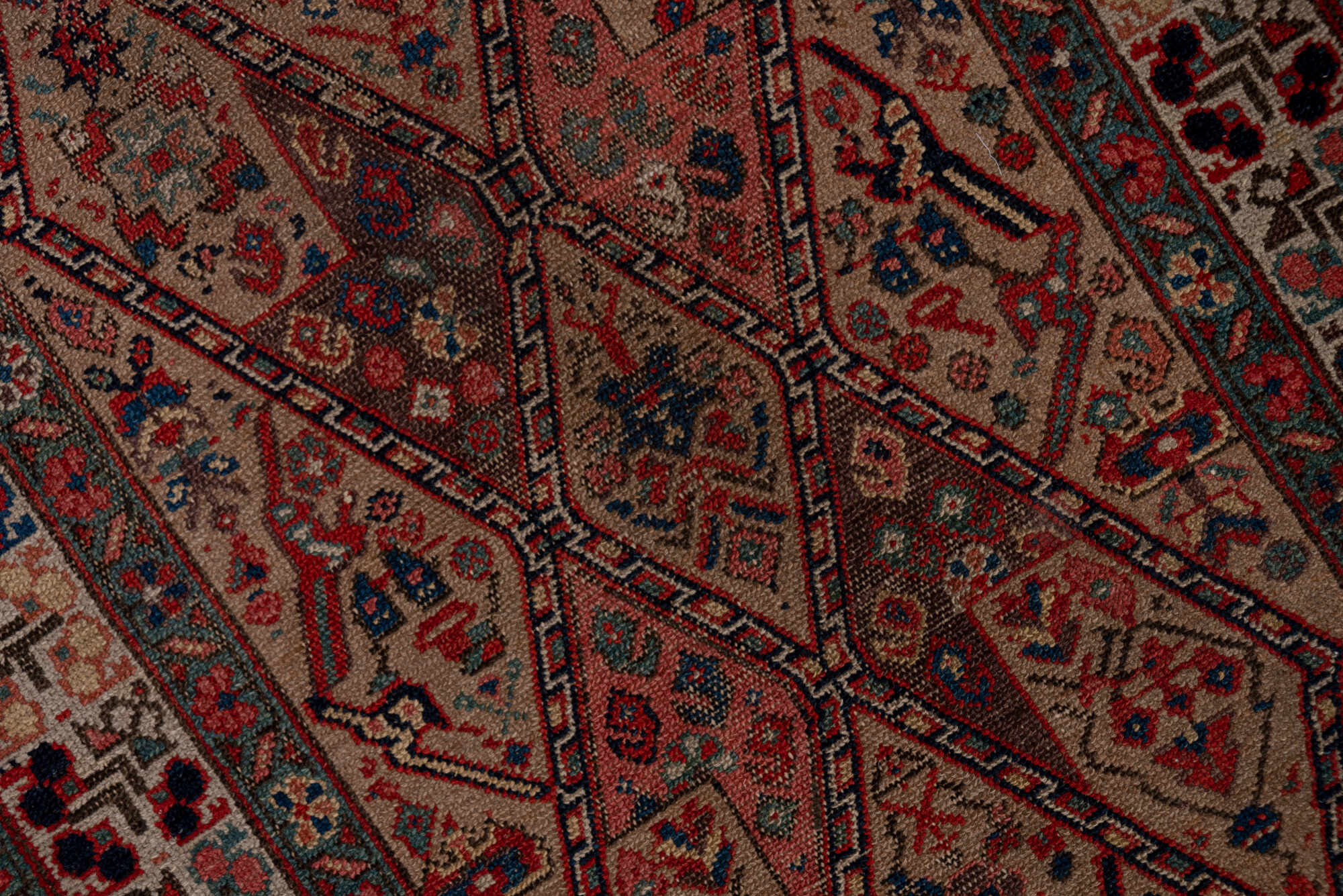 2' x 18' one-of-a-kind handmade vintage Cam Hamadan runner rug. Color palette: brown, gray, off-white, pink, red, snow