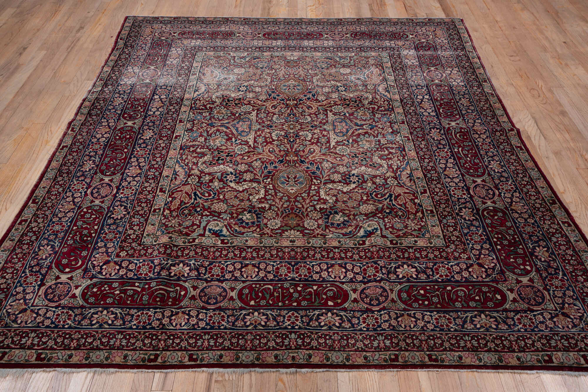 6' x 8' one-of-a-kind handmade vintage Lavar medium size rug. Color palette: blue, brown, dim gray, gray, off-white, pink
