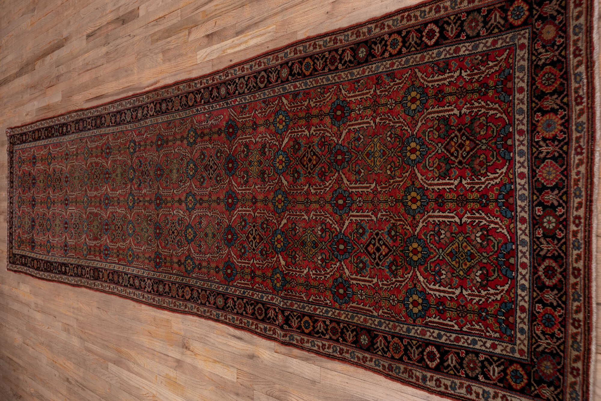 3' x 15' one-of-a-kind handmade vintage NW Persian runner rug. Color palette: black, brown, gray, pink, red