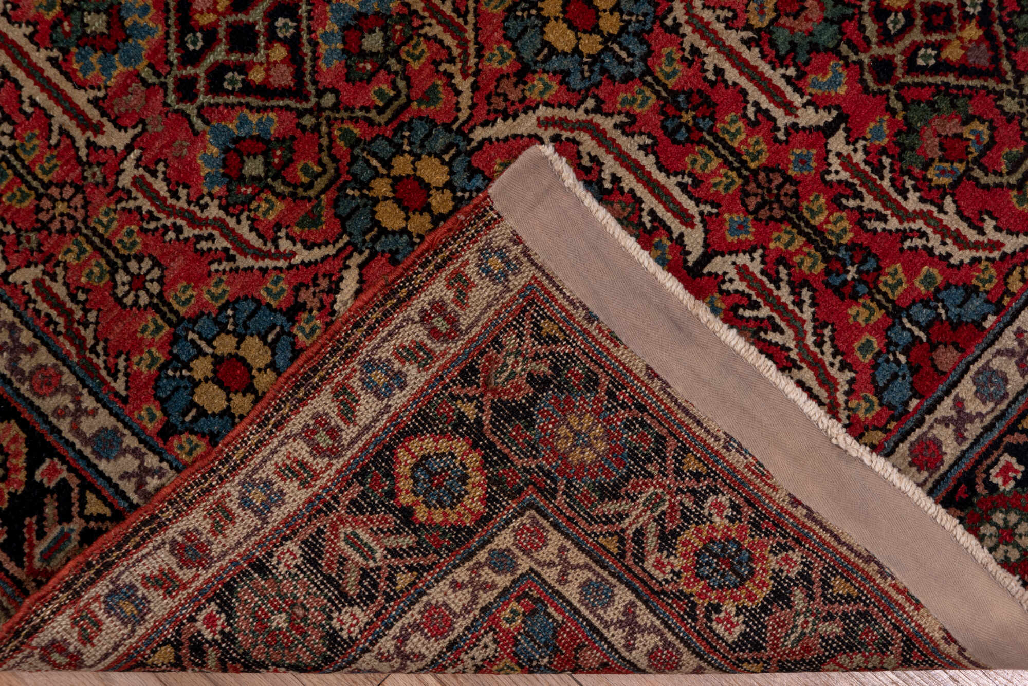 3' x 15' one-of-a-kind handmade vintage NW Persian runner rug. Color palette: black, brown, gray, pink, red