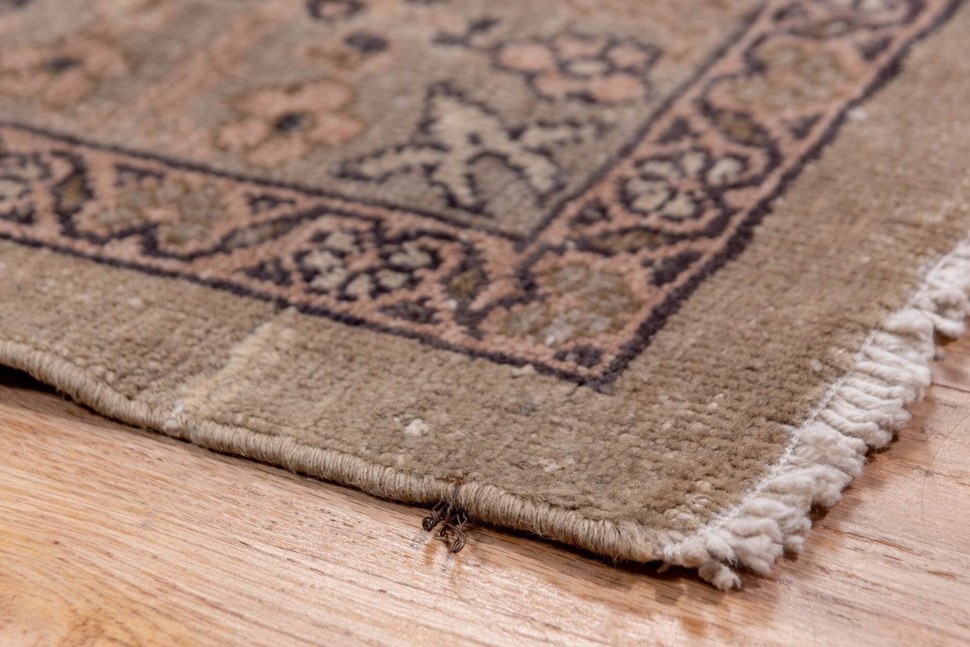 8' x 12' one-of-a-kind handmade vintage Sivas large size rug. Color palette: black, brown, gray, light gray, off-white, pink