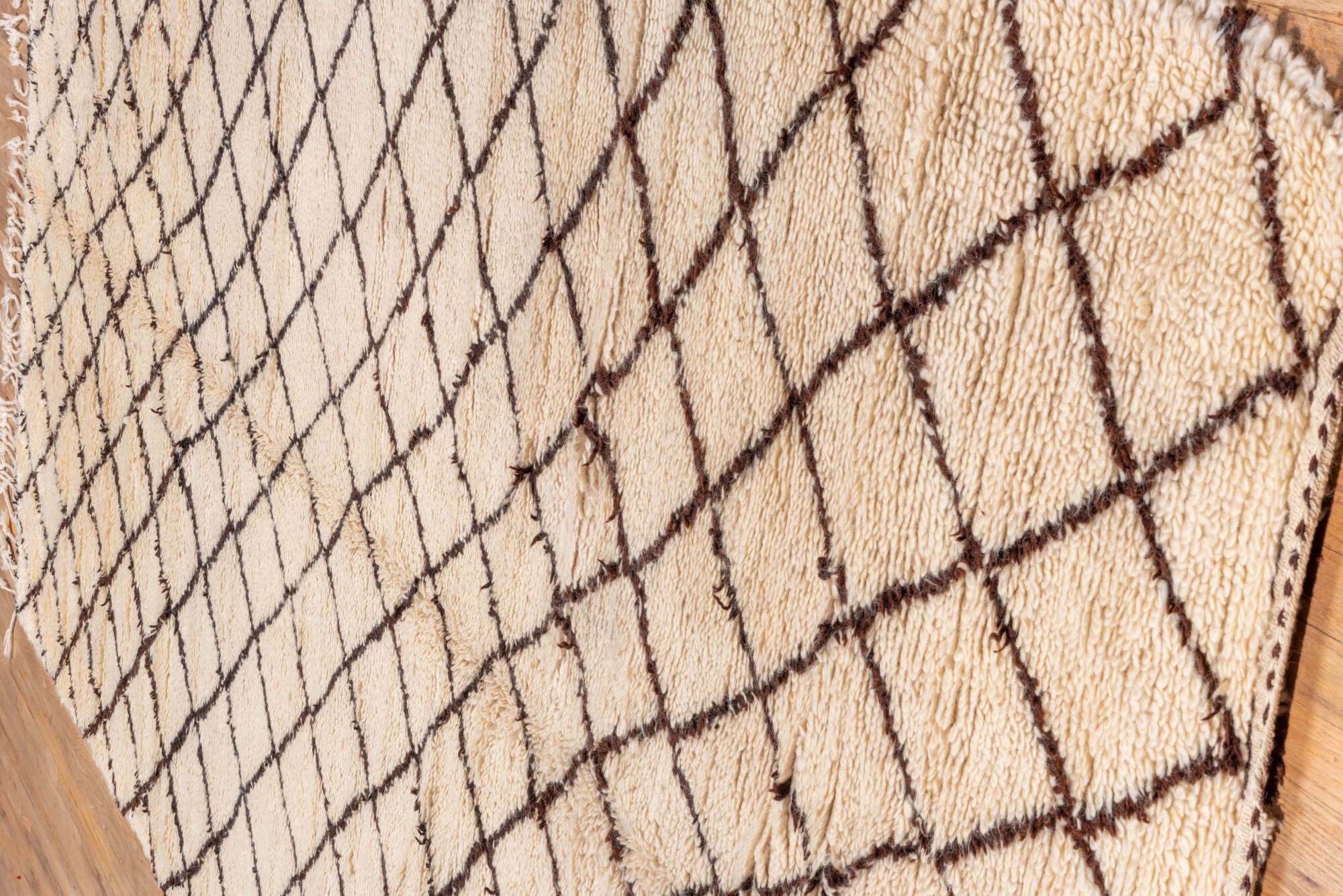 7' x 13' one-of-a-kind handmade vintage Moroccan large size rug. Color palette: antiquewhite, brown, gray, light gray, linen