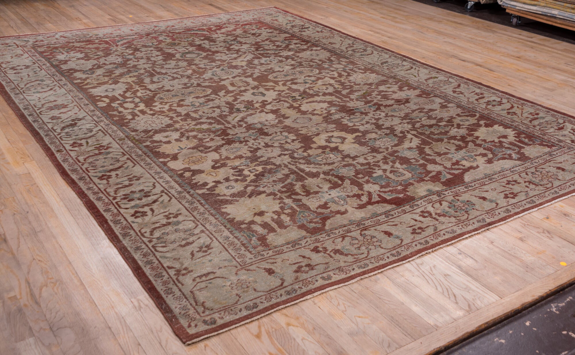 10' x 14' one-of-a-kind handmade vintage Sultanabad large size rug. Color palette: brown, gray, pink, red, redwood