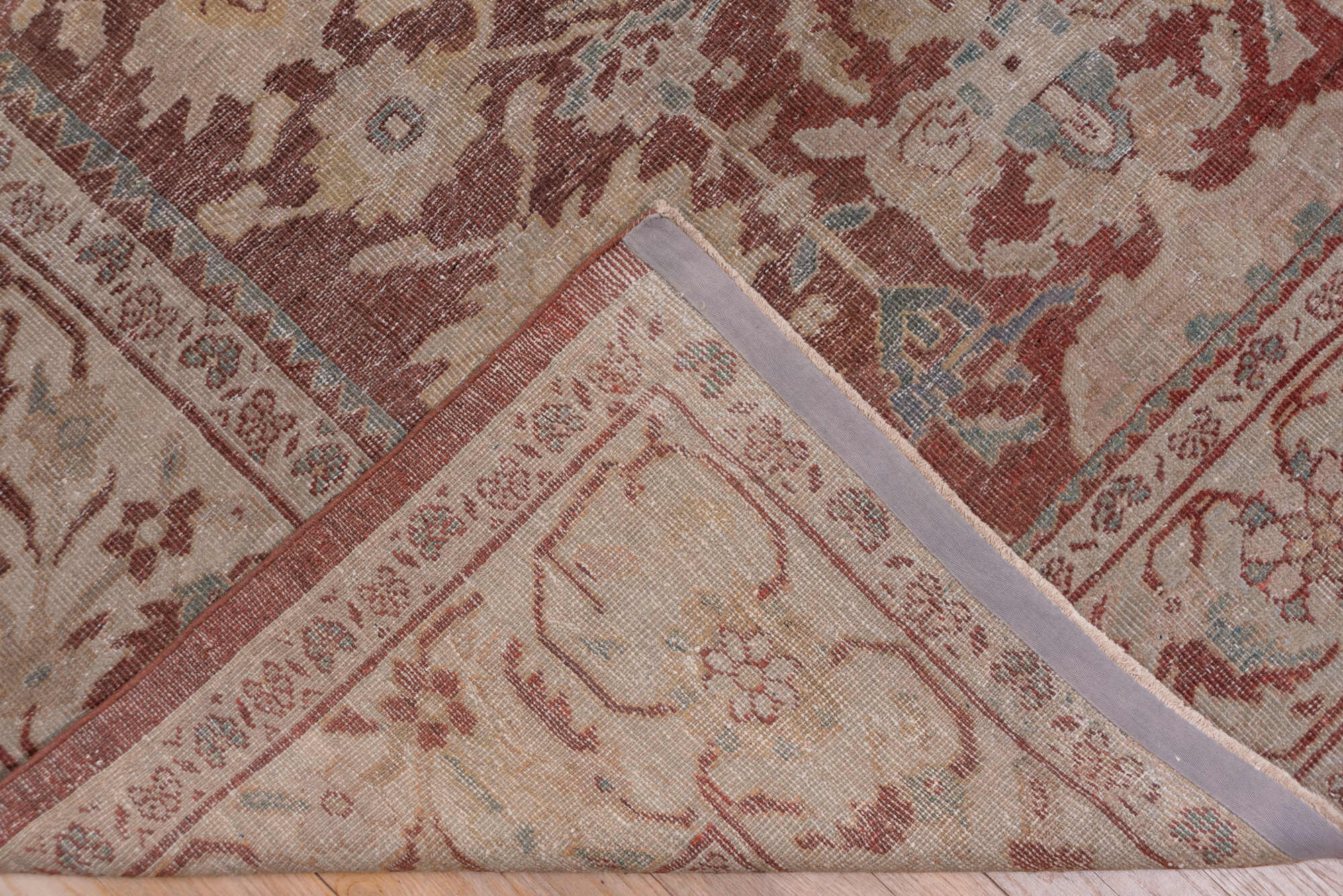 10' x 14' one-of-a-kind handmade vintage Sultanabad large size rug. Color palette: brown, gray, pink, red, redwood