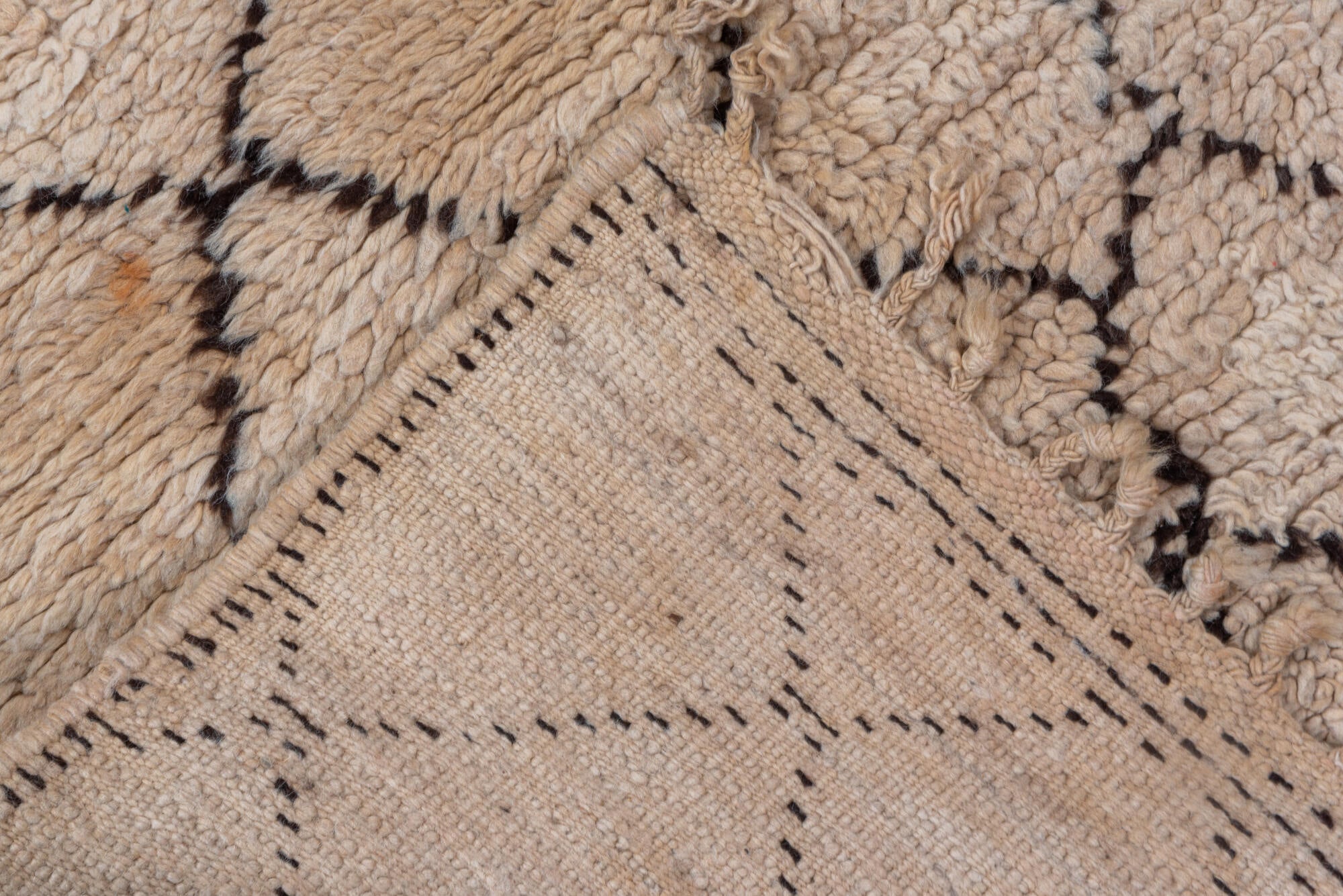 3' x 9' one-of-a-kind handmade vintage Moroccan runner rug. Color palette: brown, gray, off-white, pink, snow, white