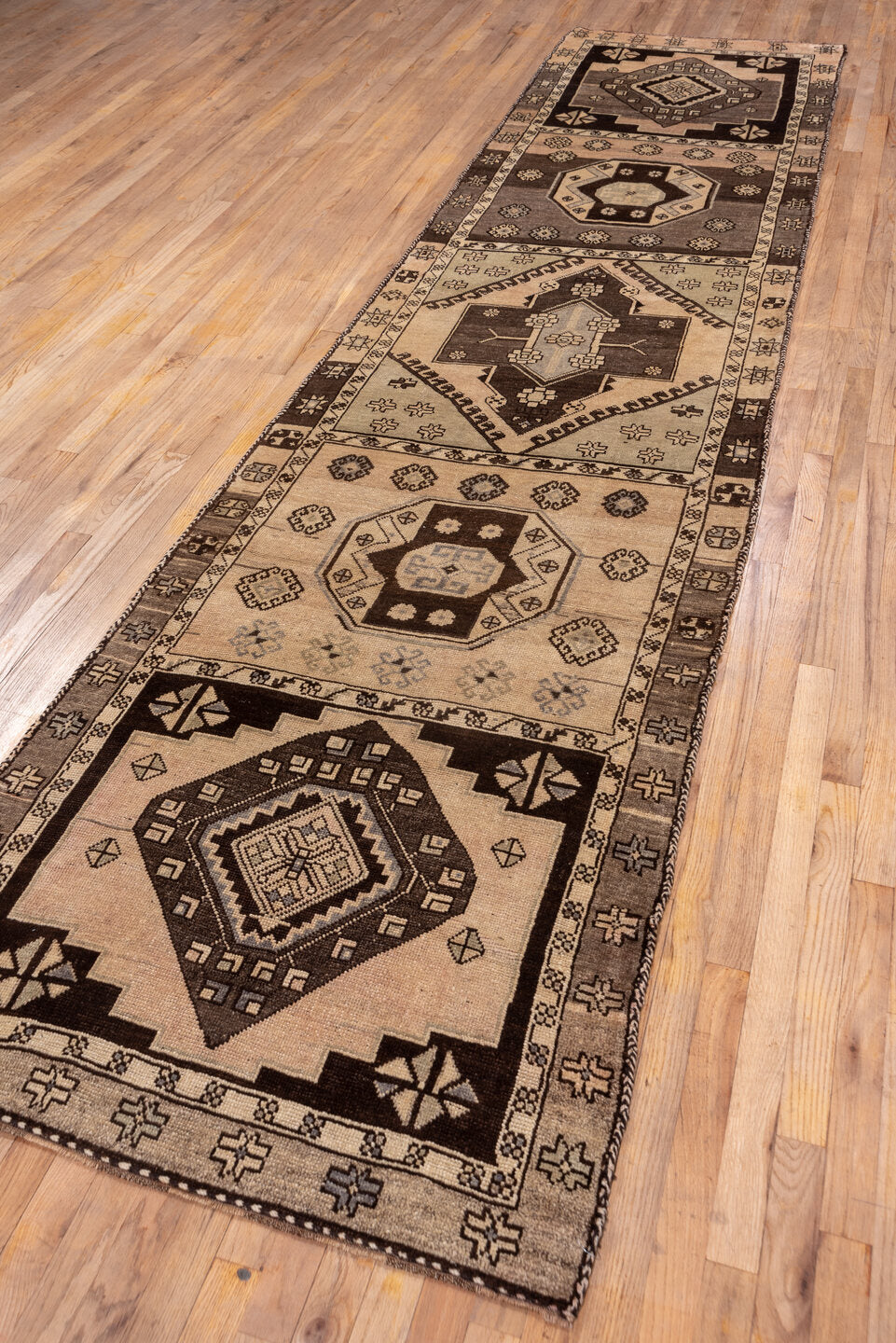 3' x 14' one-of-a-kind handmade vintage Oushak runner rug. Color palette: brown, gray, pink, light gray, off-white, white