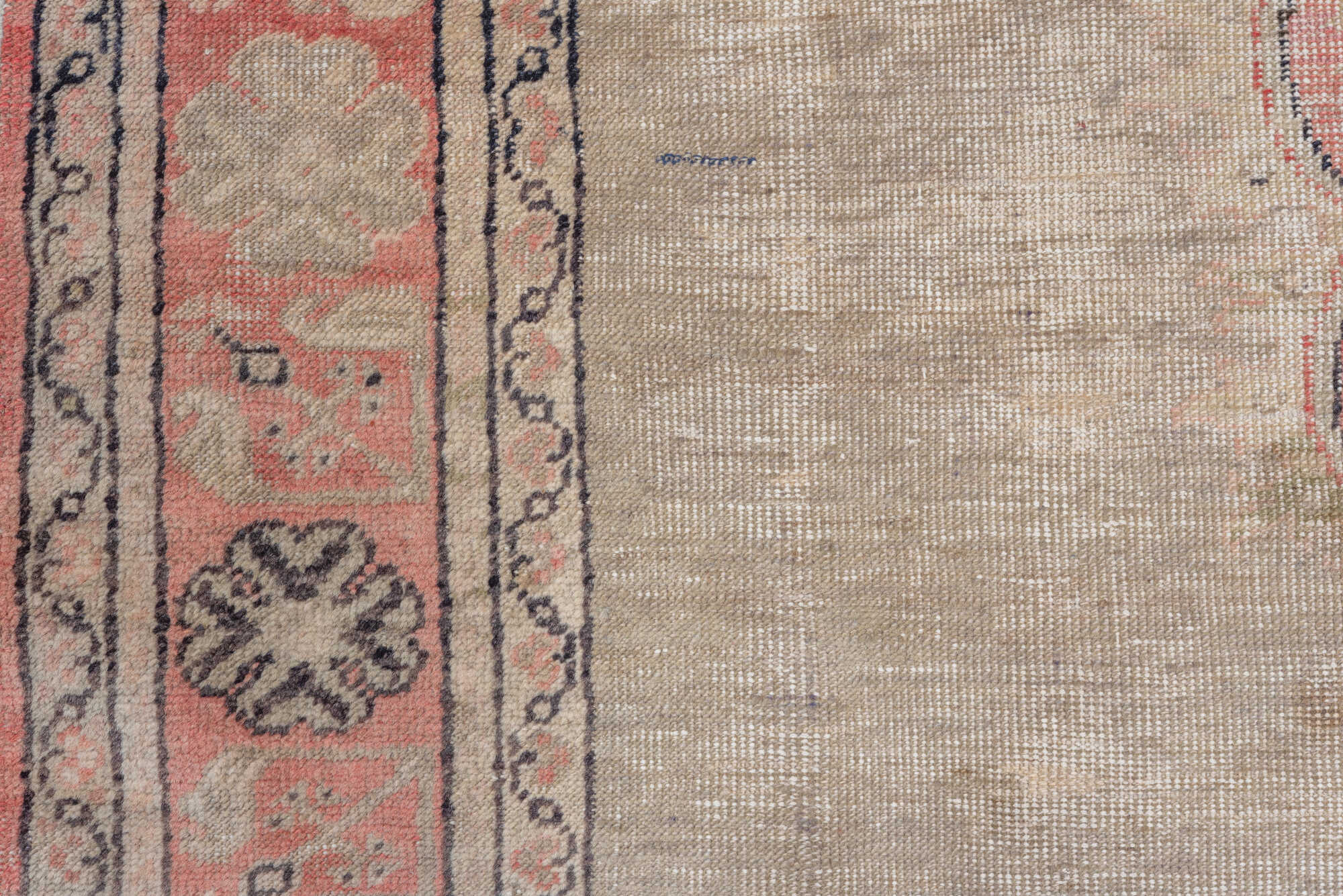 6' x 9' one-of-a-kind handmade vintage Oushak medium size rug. Color palette: brown, gray, light gray, off-white, pink, red