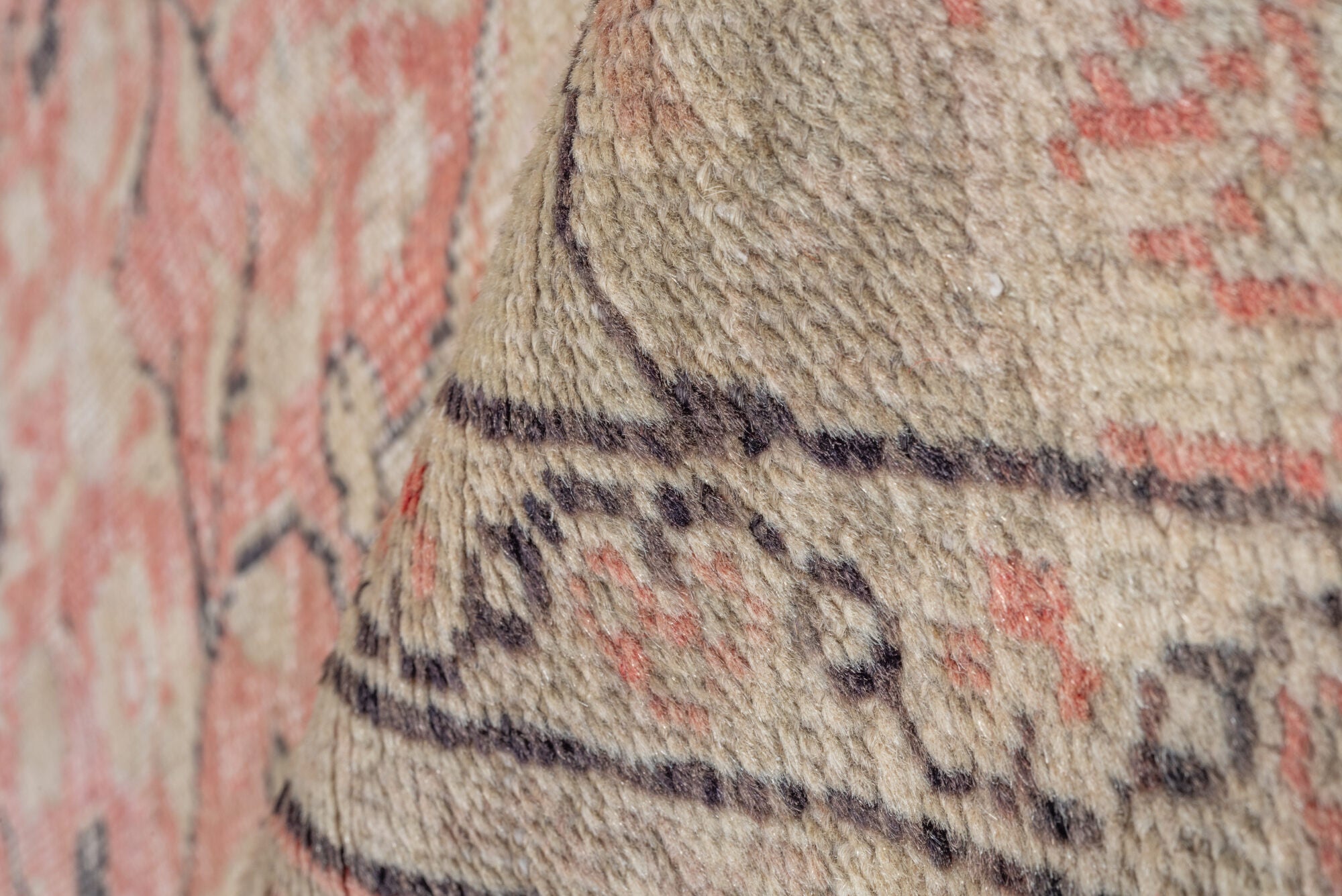 6' x 9' one-of-a-kind handmade vintage Oushak medium size rug. Color palette: brown, gray, light gray, off-white, pink, red