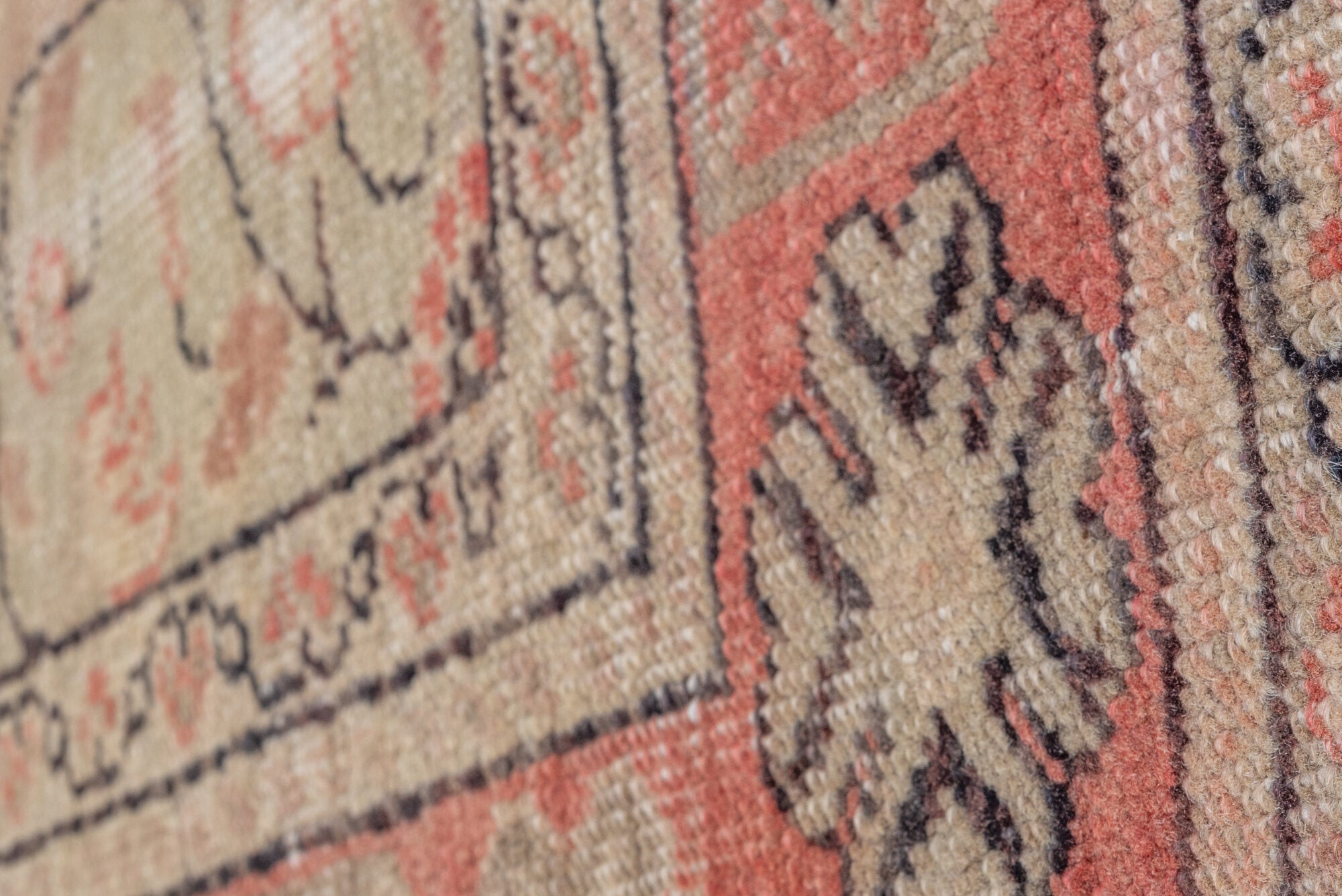 6' x 9' one-of-a-kind handmade vintage Oushak medium size rug. Color palette: brown, gray, light gray, off-white, pink, red