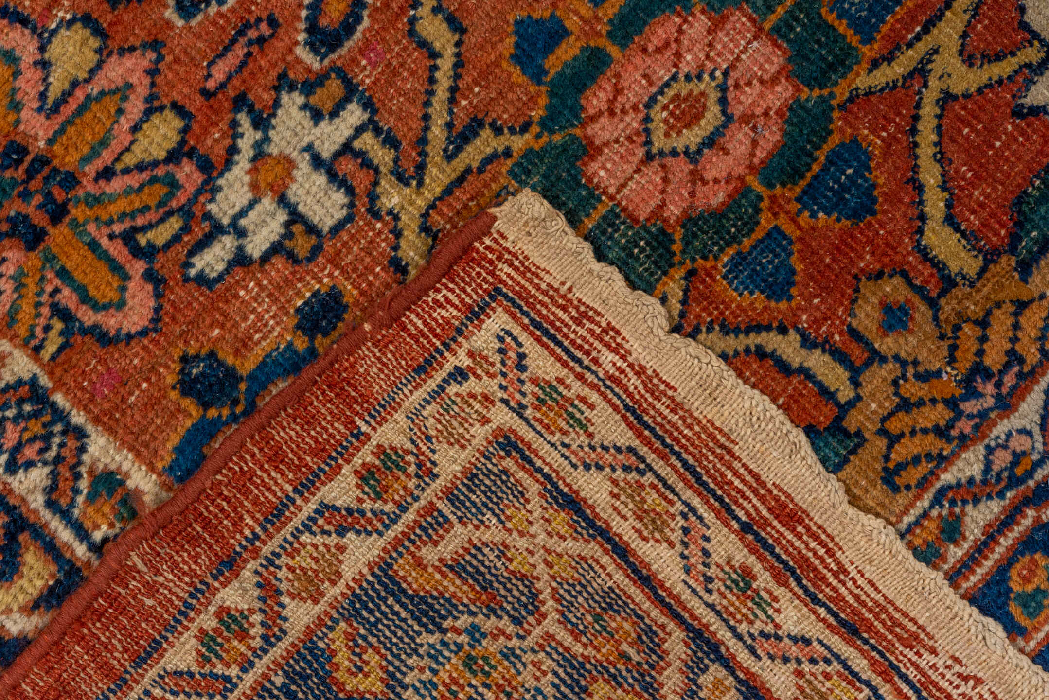 7' x 11' one-of-a-kind handmade vintage Mahal large size rug. Color palette: brown, pink, gray, blue, orange, black, sienna