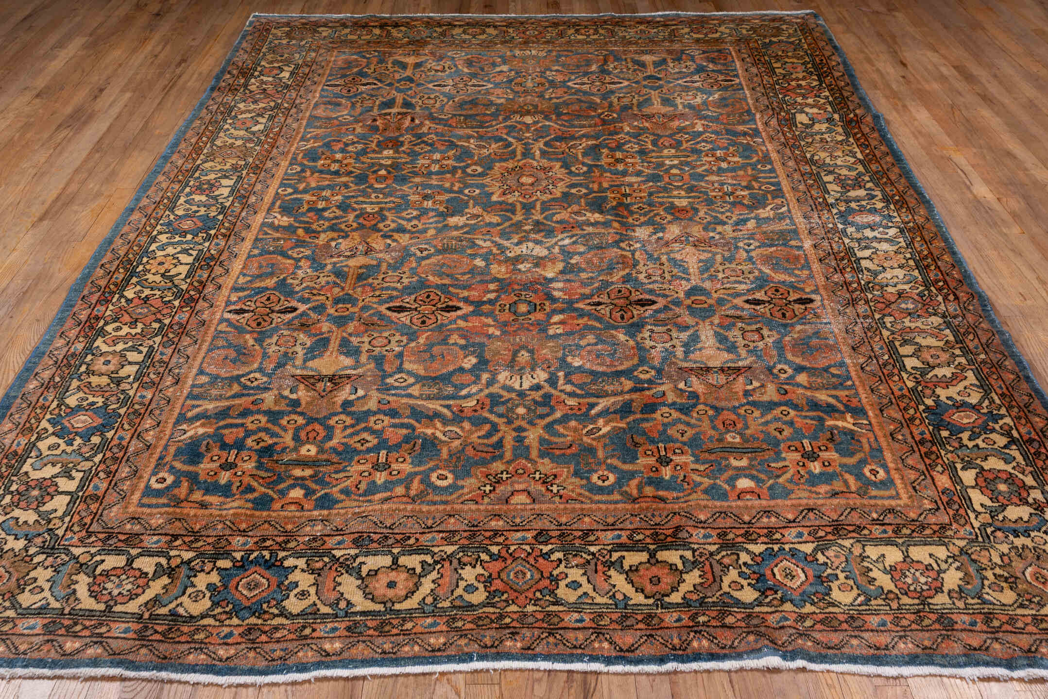 8' x 10' one-of-a-kind handmade vintage Mahal large size rug. Color palette: brown, gray, pink, blue, orange, redwood, tan