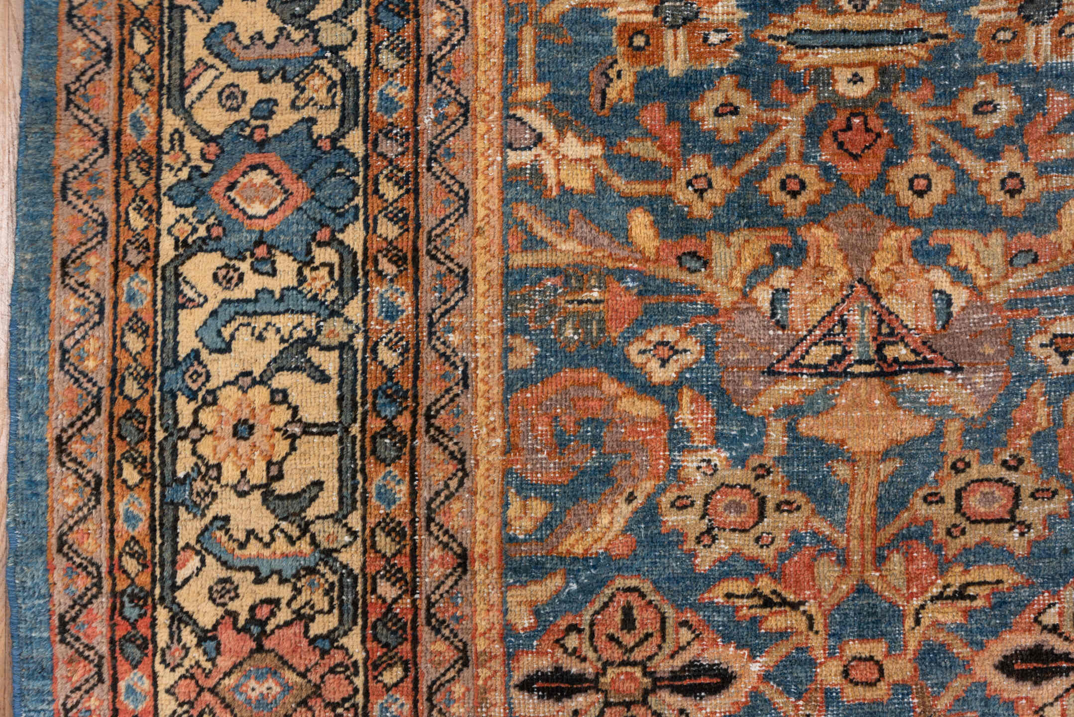 8' x 10' one-of-a-kind handmade vintage Mahal large size rug. Color palette: brown, gray, pink, blue, orange, redwood, tan