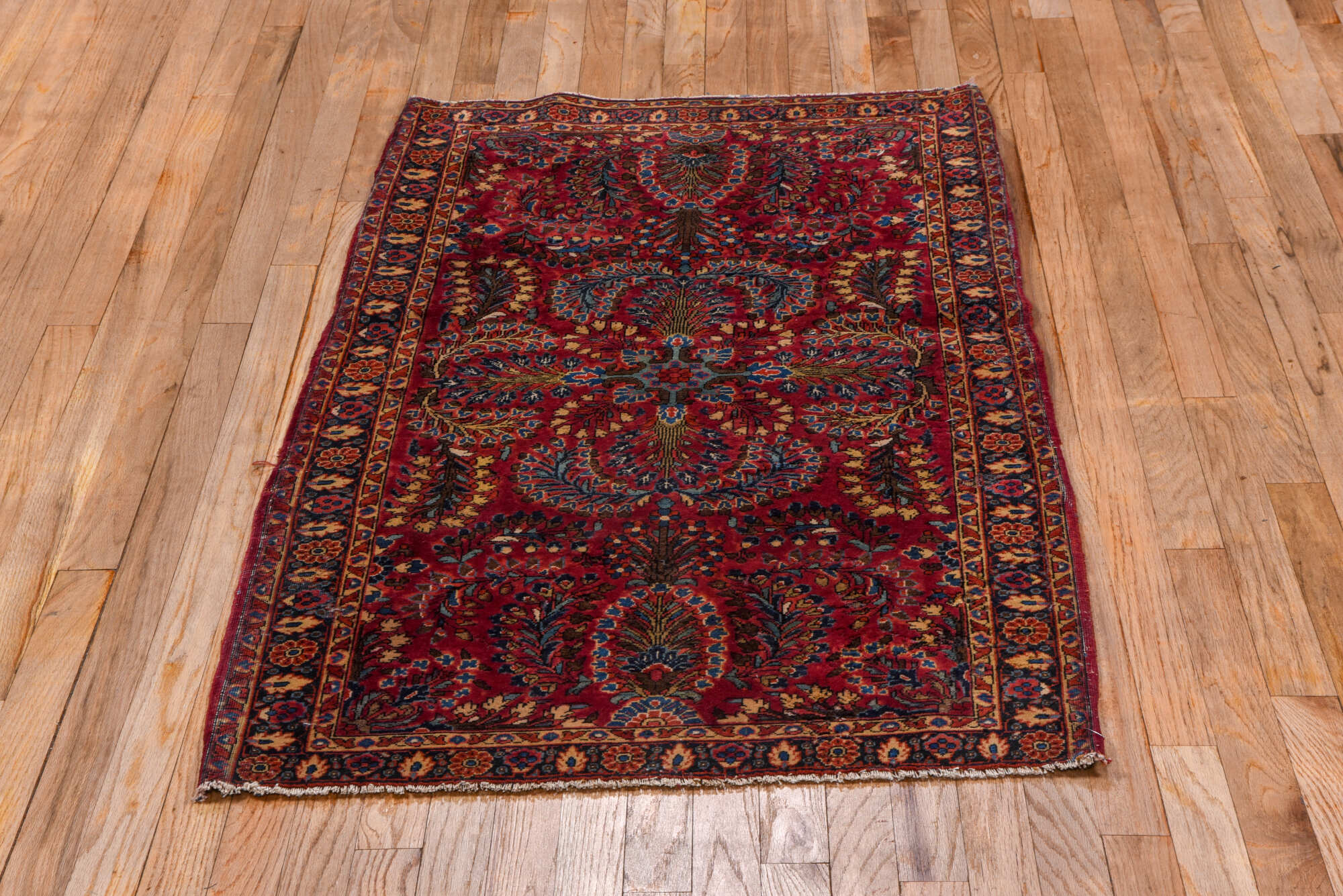 2' x 5' one-of-a-kind handmade vintage Sarouk small size rug. Color palette: brown, gray, pink, red