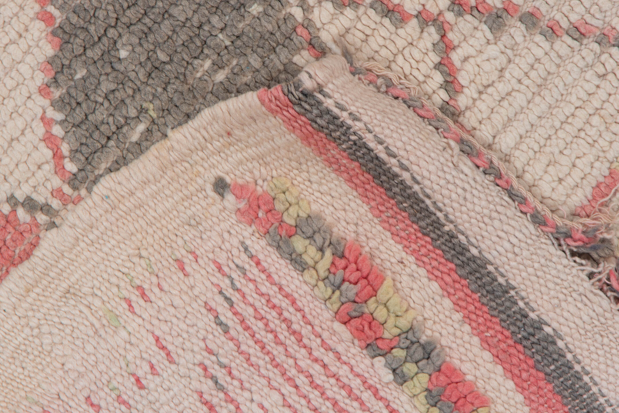 5' x 5' one-of-a-kind handmade vintage Moroccan rug. Color palette: brown, pink, gray, off-white, orange, red, tan