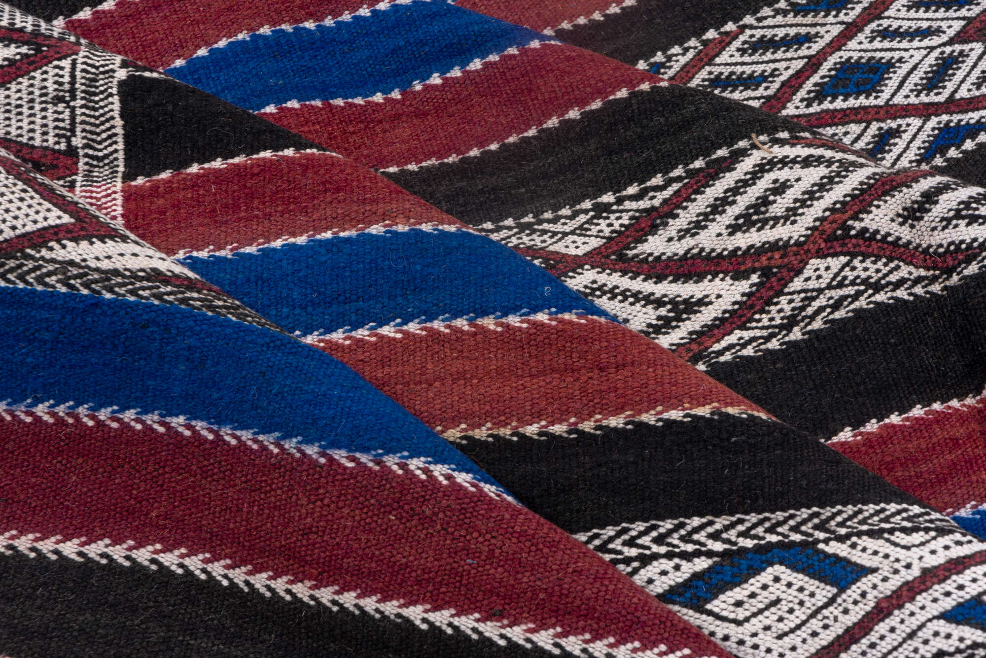 5' x 11' one-of-a-kind handmade vintage Kilim runner rug. Color palette: black, blue, brown, dark gray, gray, light gray