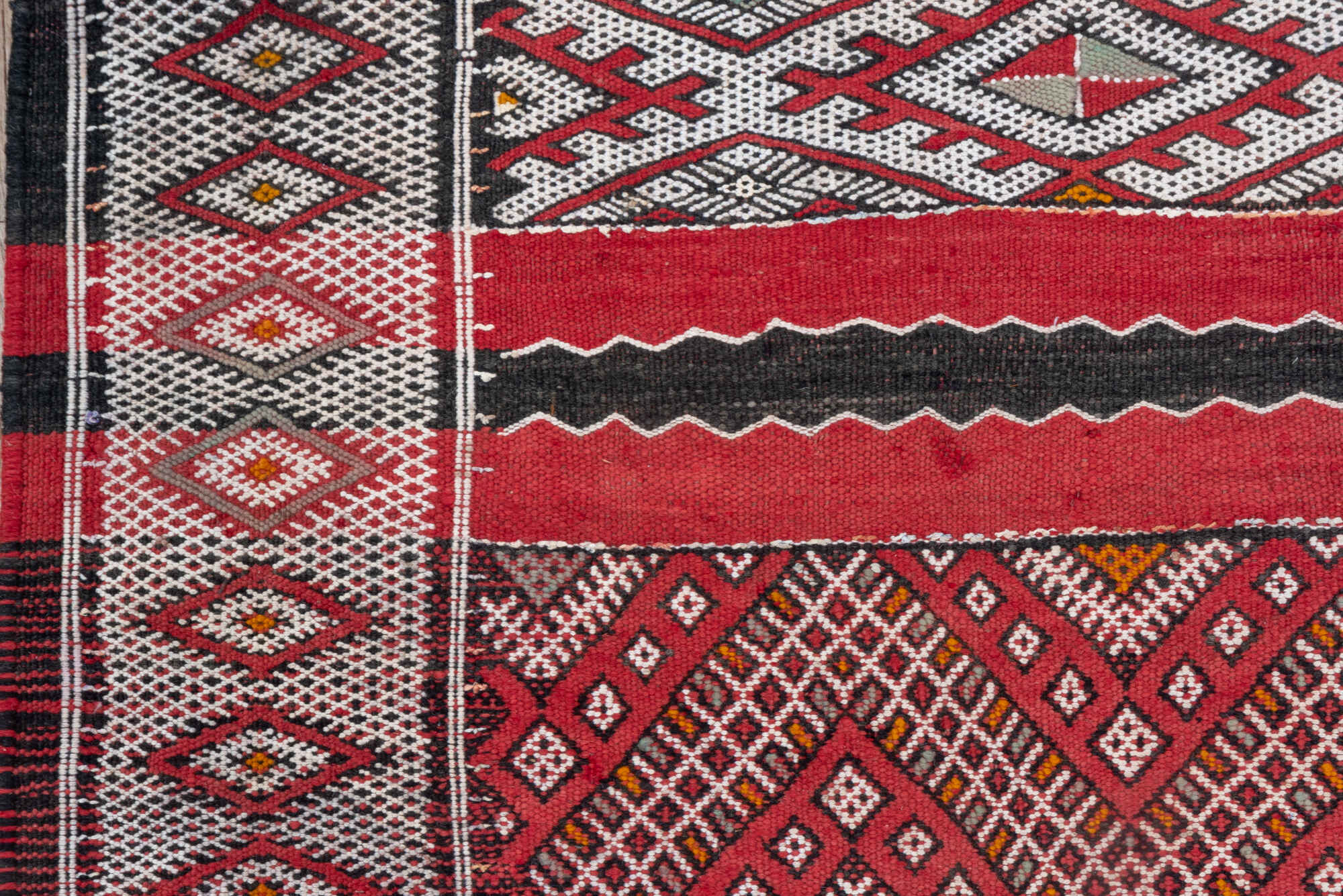 4' x 8' one-of-a-kind handmade vintage Kilim rug. Color palette: brown, gray, light gray, off-white, pink, red