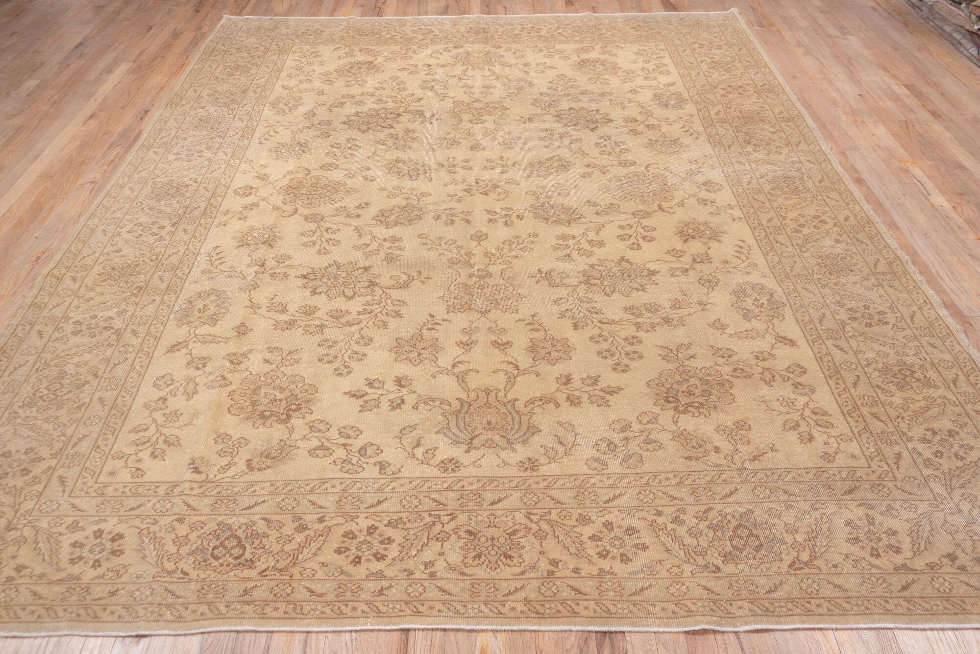8' x 11' one-of-a-kind handmade vintage Sivas large size rug. Color palette: brown, off-white, orange, pink, tan