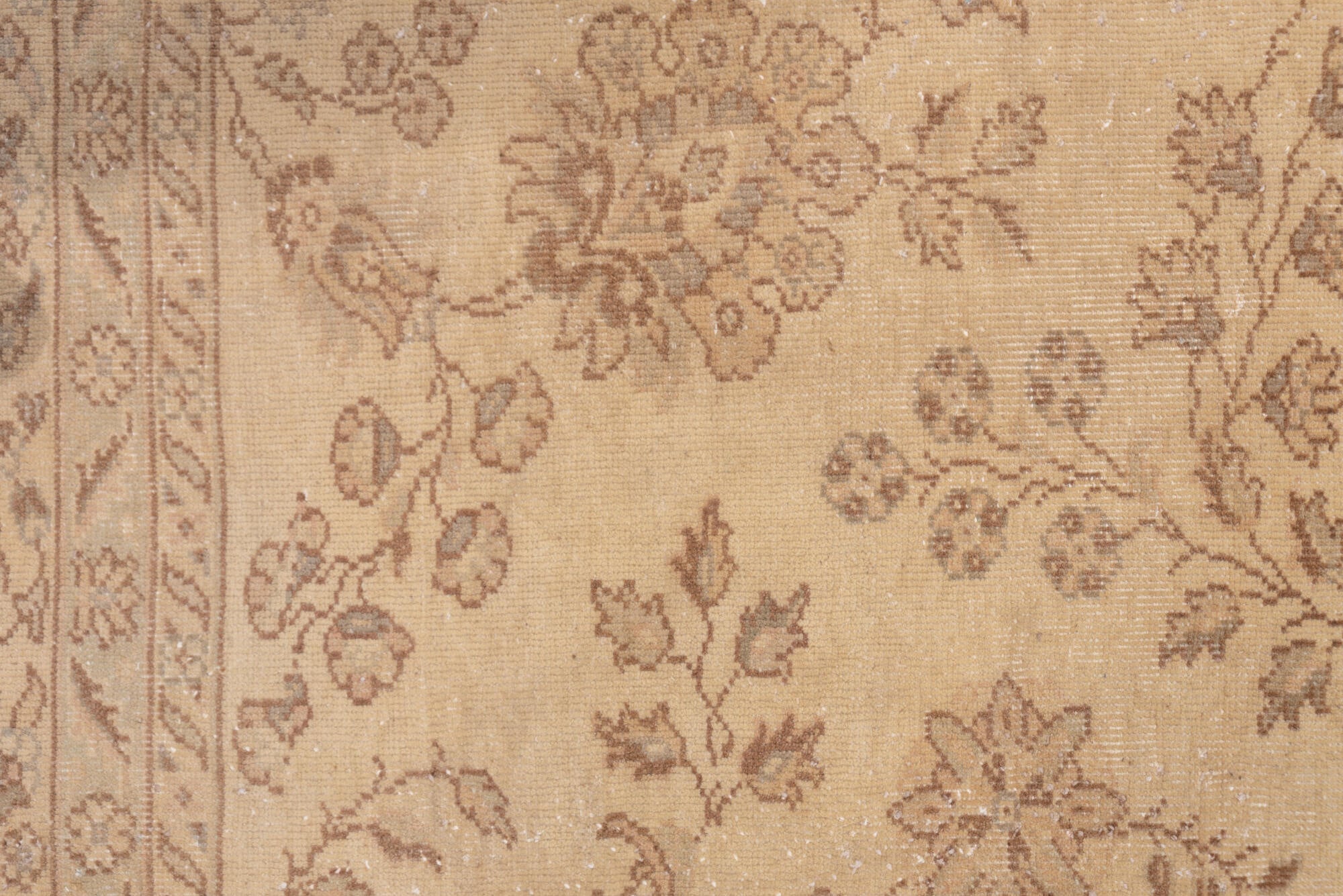 8' x 11' one-of-a-kind handmade vintage Sivas large size rug. Color palette: brown, off-white, orange, pink, tan