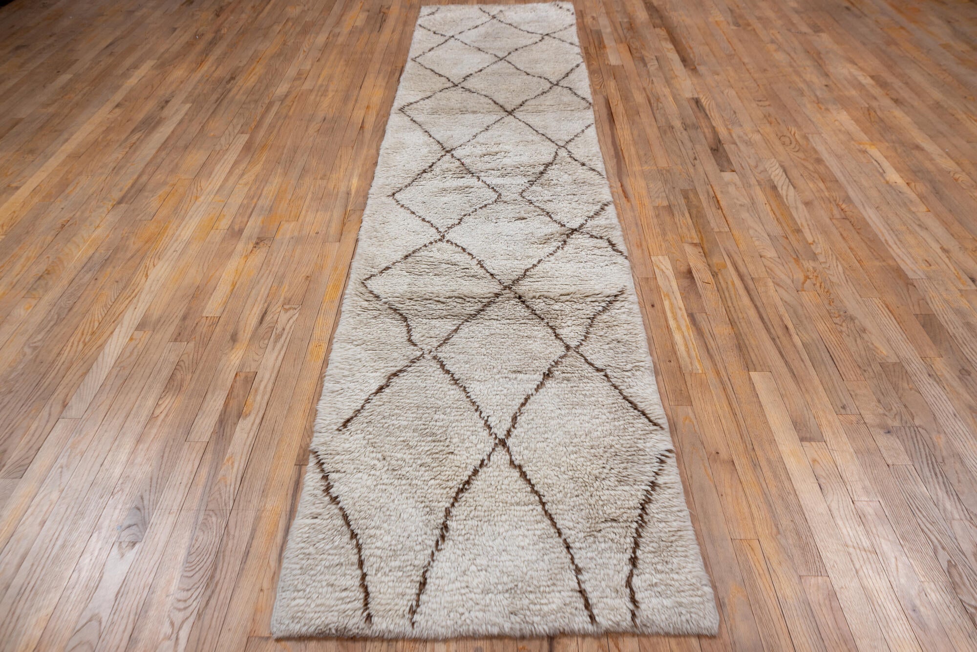 2' x 13' one-of-a-kind handmade vintage Moroccan runner rug. Color palette: dark gray, gainsboro, gray, light gray, linen