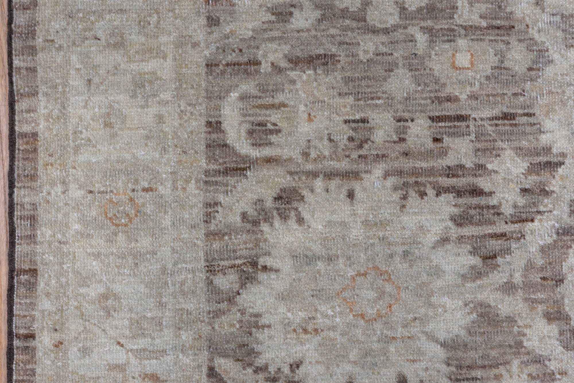 4' x 5' one-of-a-kind handmade vintage Sivas small size rug. Color palette: brown, gray, light gray, off-white, orange, pink