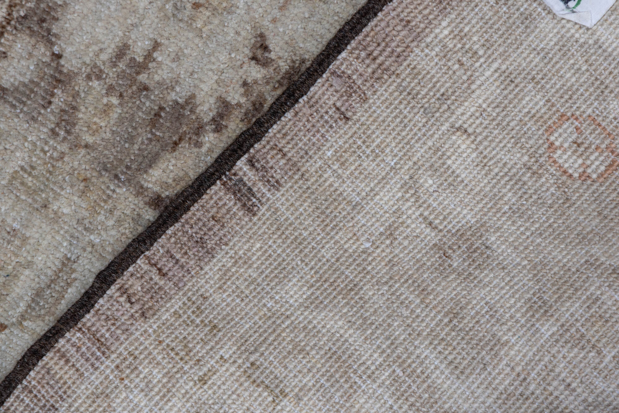 4' x 5' one-of-a-kind handmade vintage Sivas small size rug. Color palette: brown, gray, light gray, off-white, orange, pink