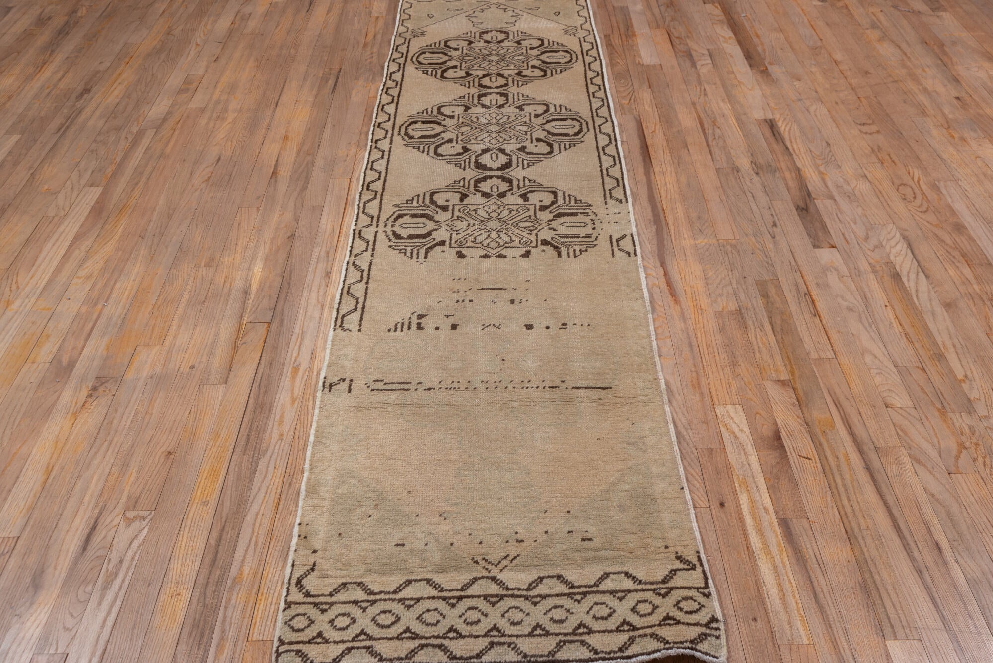 2' x 10' one-of-a-kind handmade vintage Oushak runner rug. Color palette: brown, gray, light gray, off-white, pink, snow