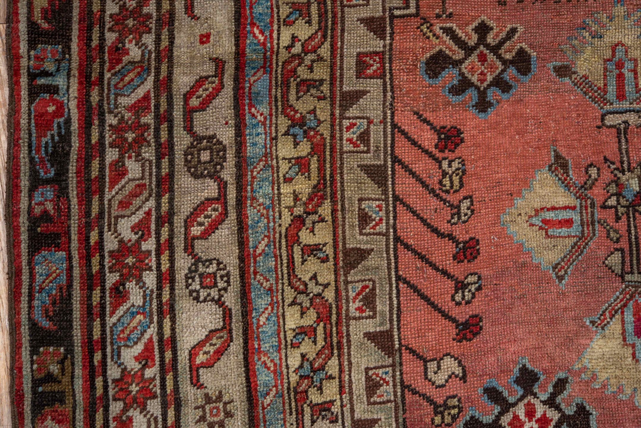 4' x 5' one-of-a-kind handmade vintage Ghordes small size rug. Color palette: brown, pink, gray, off-white, white, snow