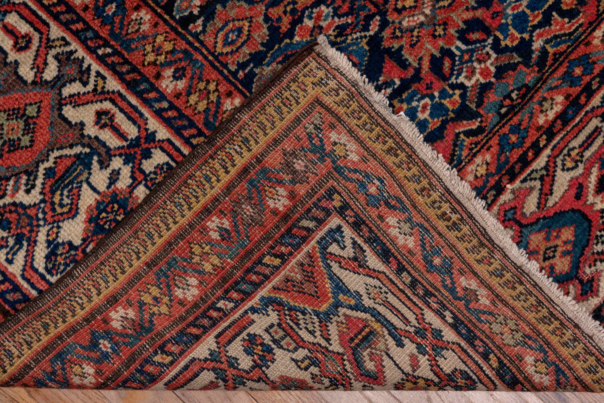 7' x 17' one-of-a-kind handmade vintage Mahal rug. Color palette: black, blue, brown, gray, light gray, pink, red