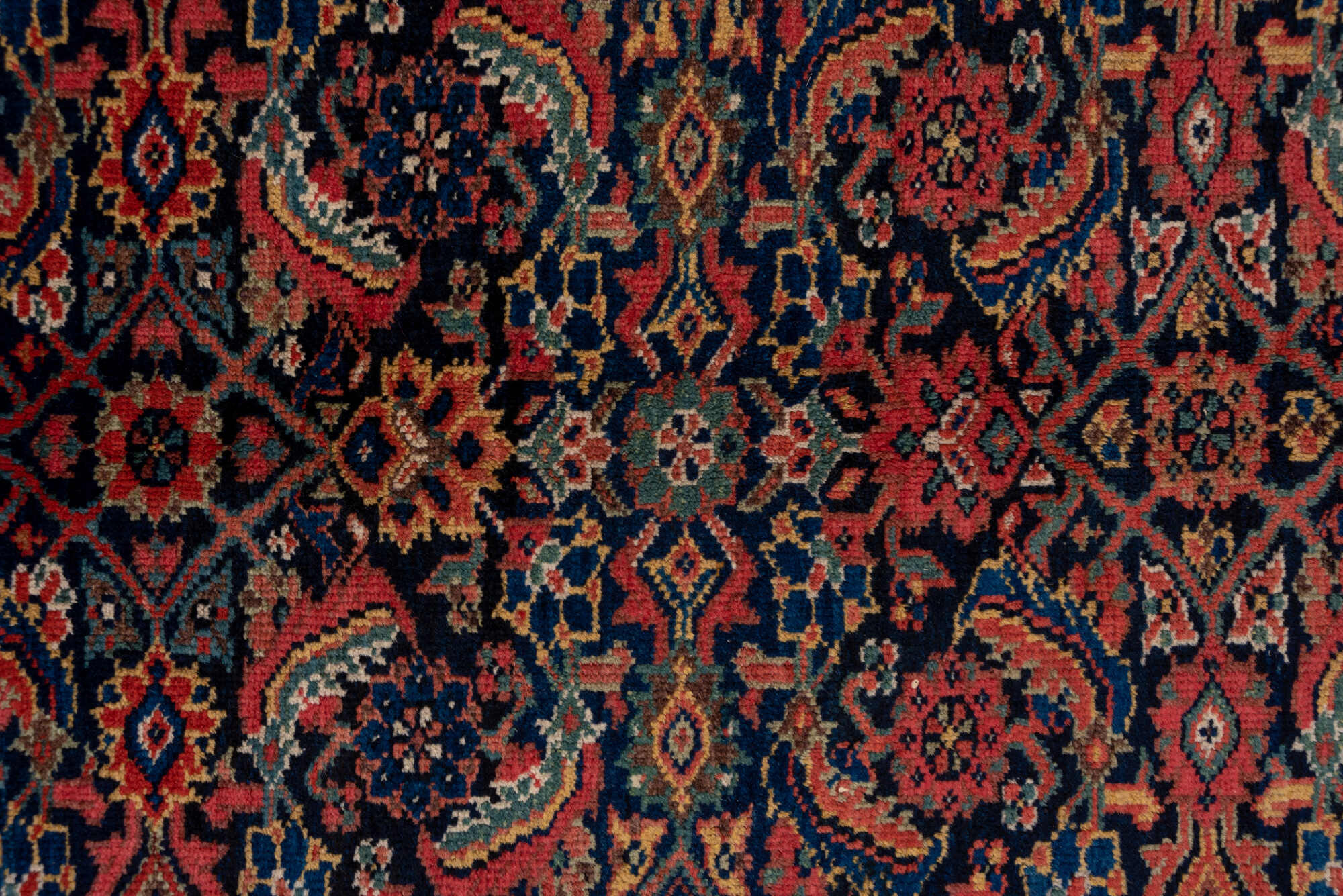 7' x 17' one-of-a-kind handmade vintage Mahal rug. Color palette: black, blue, brown, gray, light gray, pink, red