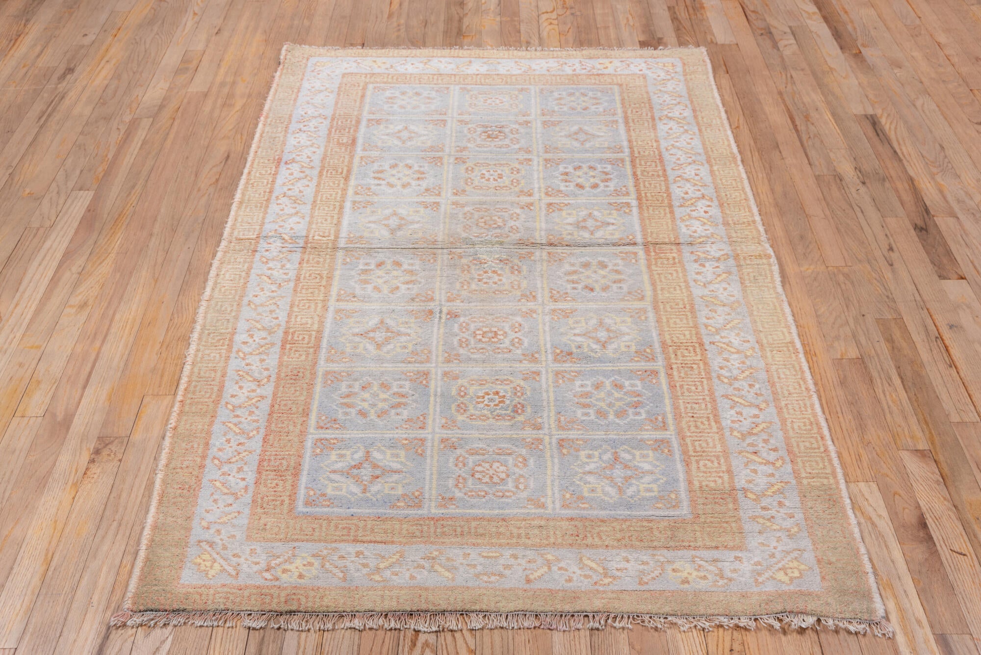 4' x 6' one-of-a-kind handmade vintage Cotton Agra small size rug. Color palette: brown, gainsboro, gray, light gray