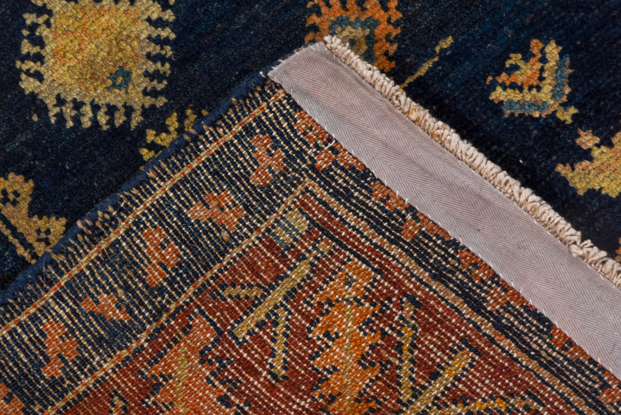 4' x 10' one-of-a-kind handmade vintage Hamadan runner rug. Color palette: black, blue, brown, gray, saddle brown