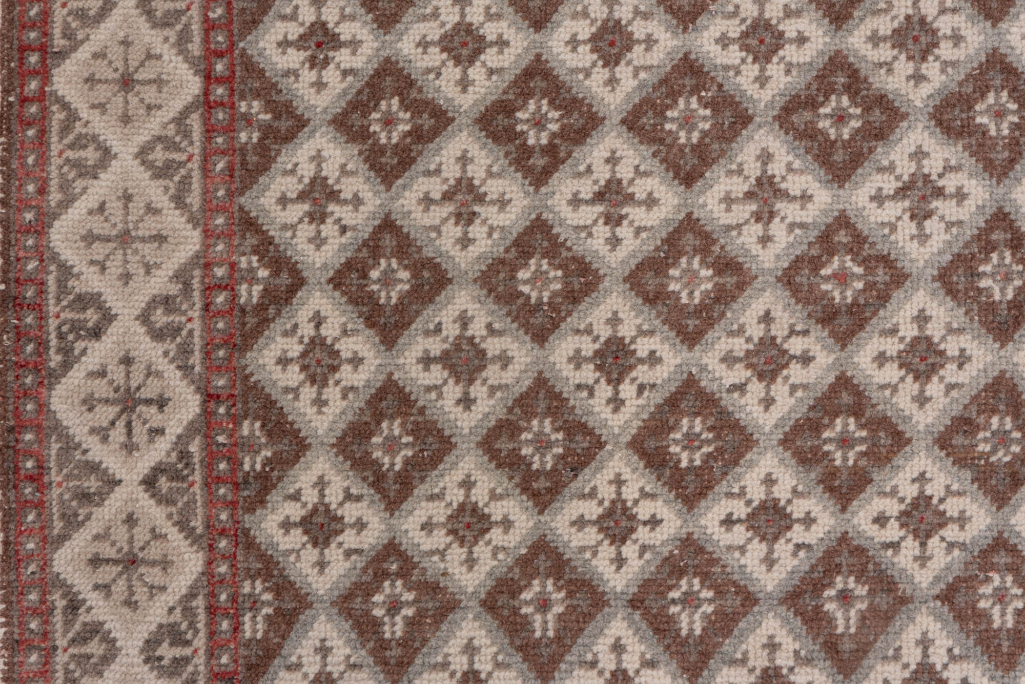 3' x 9' one-of-a-kind handmade vintage Oushak runner rug. Color palette: brown, gray, light gray, off-white, pink