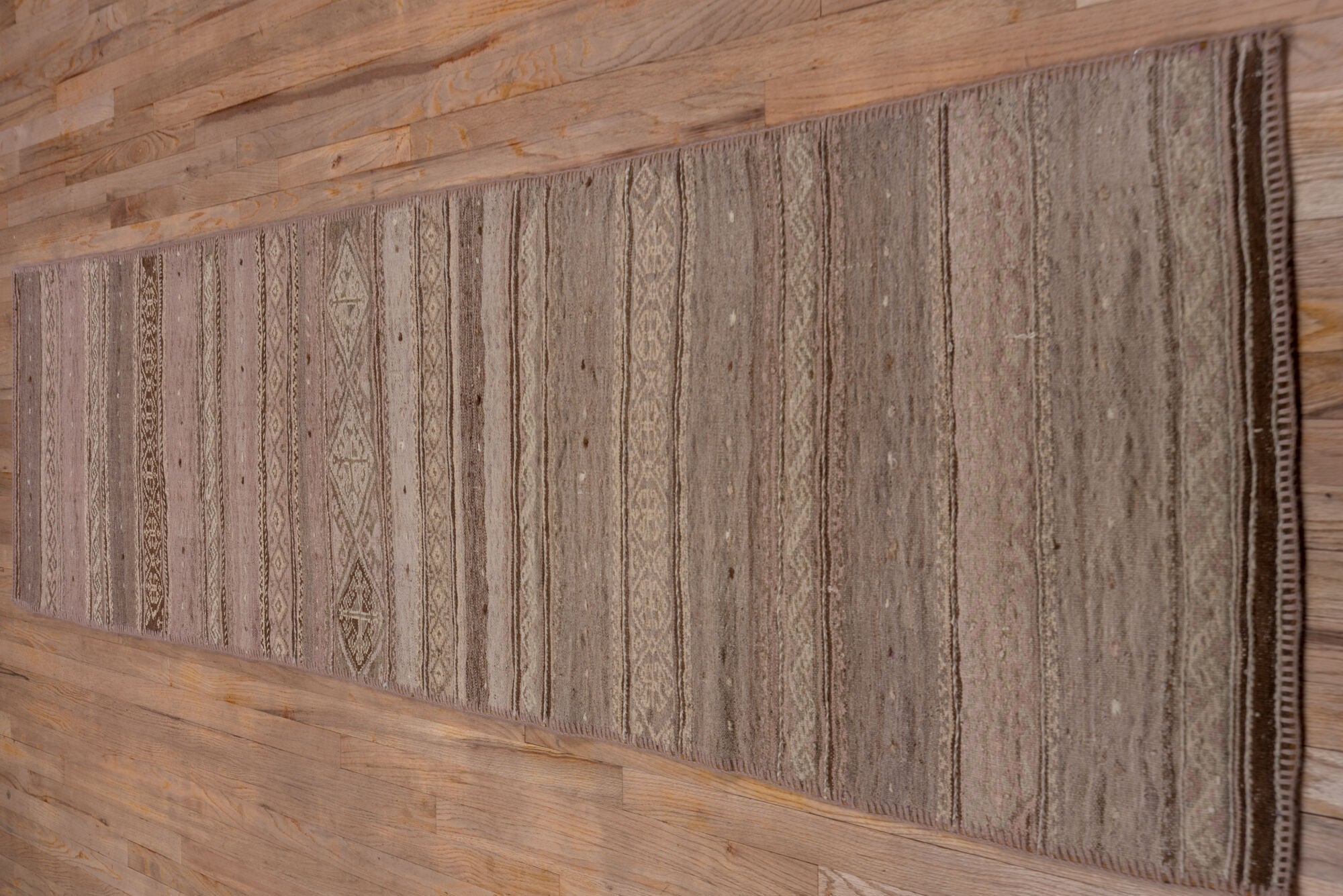 2' x 10' one-of-a-kind handmade vintage Kilim runner rug. Color palette: brown, gray, off-white, pink, snow, white