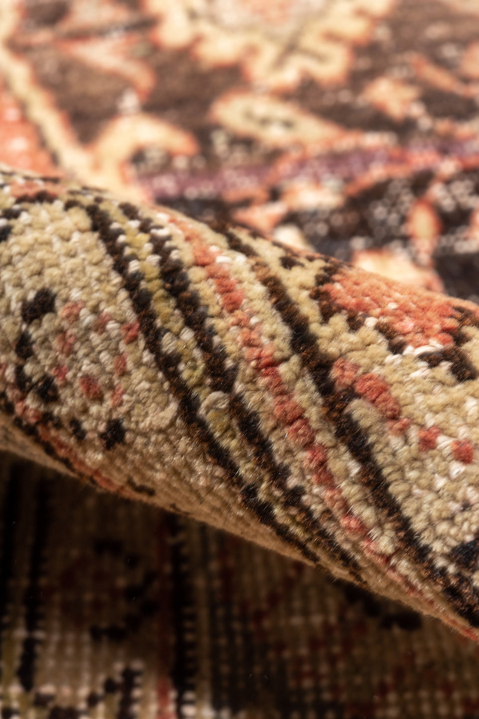 4' x 14' one-of-a-kind handmade vintage Oushak runner rug. Color palette: pink, brown, gray, orange