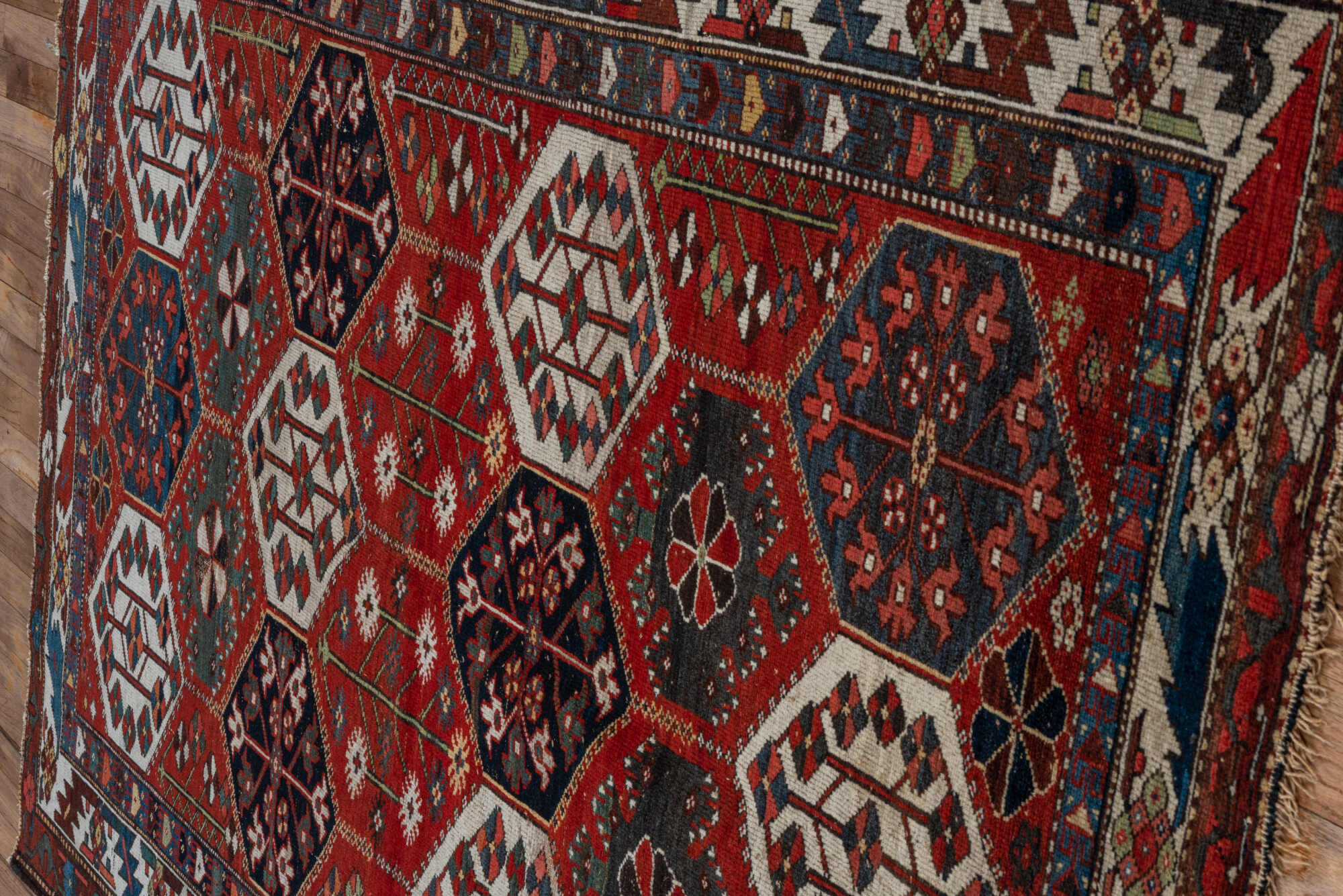 4' x 6' one-of-a-kind handmade vintage Baktiary small size rug. Color palette: gray, brown, light gray, black, blue, red