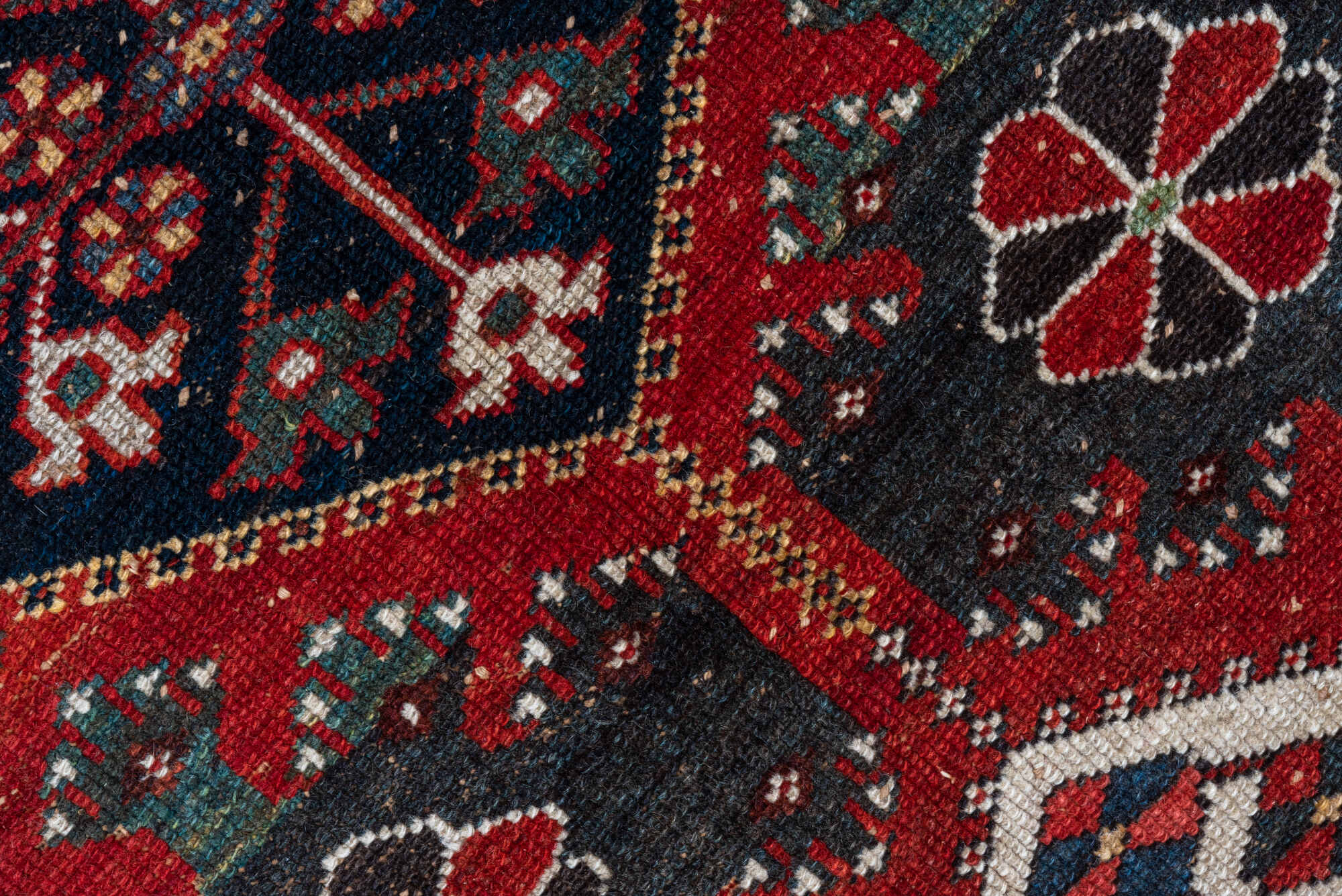 4' x 6' one-of-a-kind handmade vintage Baktiary small size rug. Color palette: gray, brown, light gray, black, blue, red