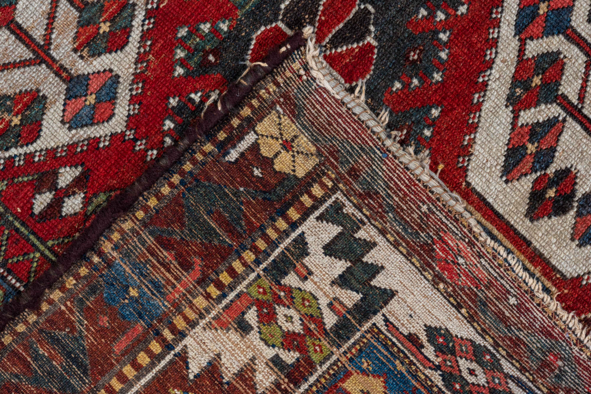 4' x 6' one-of-a-kind handmade vintage Baktiary small size rug. Color palette: gray, brown, light gray, black, blue, red